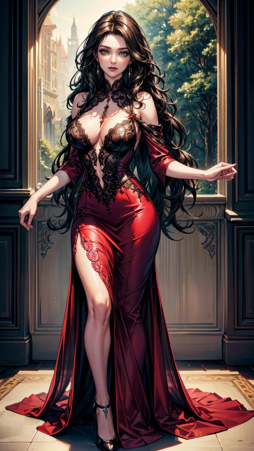 (masterpiece, best quality, highres, ultra-detailed),(beautiful and aesthetic:1.2), 1woman, adult woman, black wavy hair, green eyes, languid, delicate face,(slight smile:0.8), detailed eyes and face, perfect body, full body, red lips, beautiful make-up, mocha lace gown featuring a sheer bateau neckline and a fishtail skirt, complemented by subtle sequin embellishments.