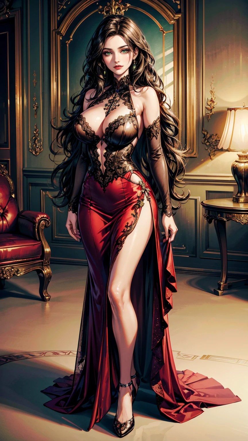 (masterpiece, best quality, highres, ultra-detailed),(beautiful and aesthetic:1.2), 1woman, adult woman, black wavy hair, green eyes, languid, delicate face,(slight smile:0.8), detailed eyes and face, perfect body, full body, red lips, beautiful make-up, mocha lace gown featuring a sheer bateau neckline and a fishtail skirt, complemented by subtle sequin embellishments.