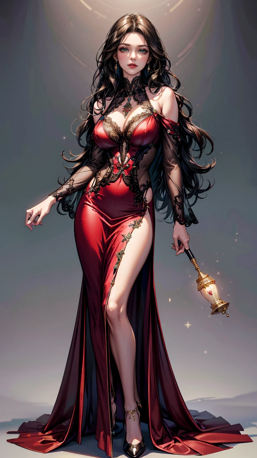 (masterpiece, best quality, highres, ultra-detailed),(beautiful and aesthetic:1.2), 1woman, adult woman, black wavy hair, green eyes, languid, delicate face,(slight smile:0.8), detailed eyes and face, perfect body, full body, red lips, beautiful make-up, mocha lace gown featuring a sheer bateau neckline and a fishtail skirt, complemented by subtle sequin embellishments.