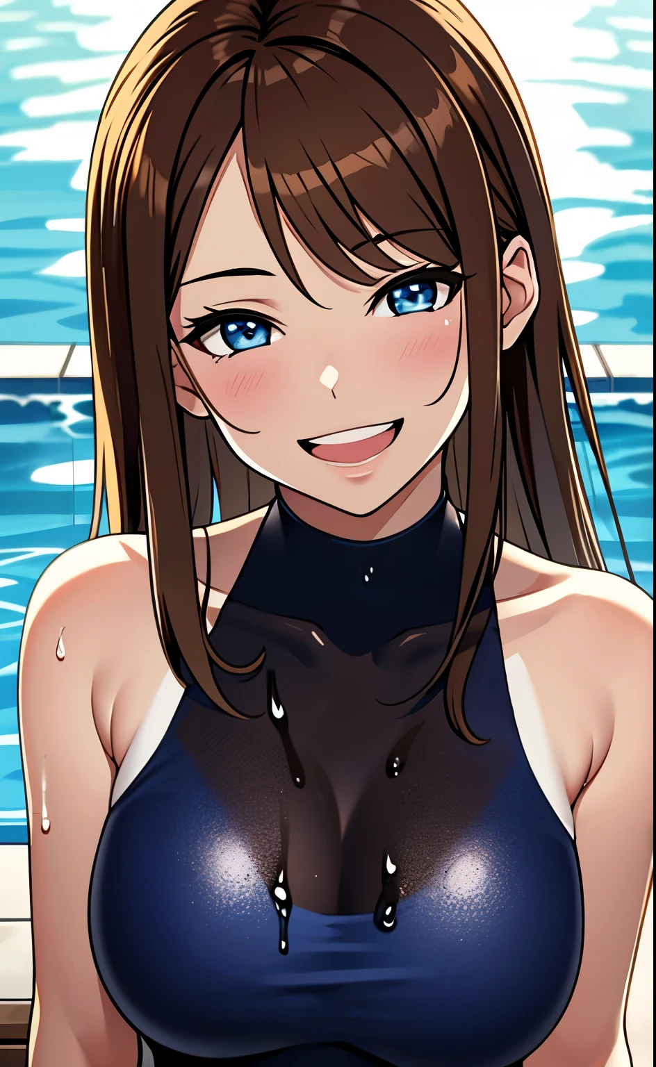 (masterpiece:1.4、top-quality、illustration:1.4,realistic、)、(character focus、breast focus,upper body)、(1girl),(Open mouth happy grin:1.3),(half closed eyes),cute face,blue eyes、((((wet))))、
,(stand:1.4),(Shining smile),
,(slender),(sleeveless turtleneck holder swimsuit),(,long brown hair:1.6), (large breasts)、
、slender、pool,、