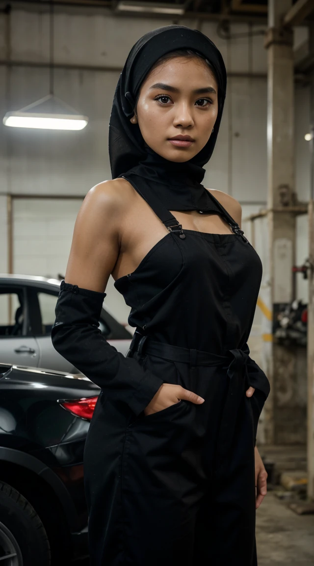 Picture taken with Sony A7RIV, realistic, 8K, Hi-Res picture, masterpiece, perfect facing viewer shoot, detailed complicated background, Gorgeous twenty years old Indonesian girl, natural body, wearing black hijab, black mechanic coverall, stand, automotive workshop in Jakarta