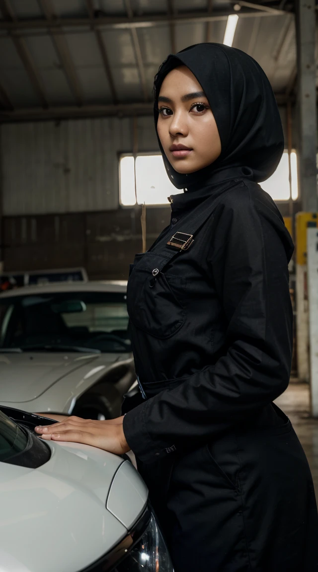 Picture taken with Sony A7RIV, realistic, 8K, Hi-Res picture, masterpiece, perfect facing viewer shoot, detailed complicated background, Gorgeous twenty years old Indonesian girl, natural body, wearing black hijab, black mechanic coverall, stand, automotive workshop in Jakarta