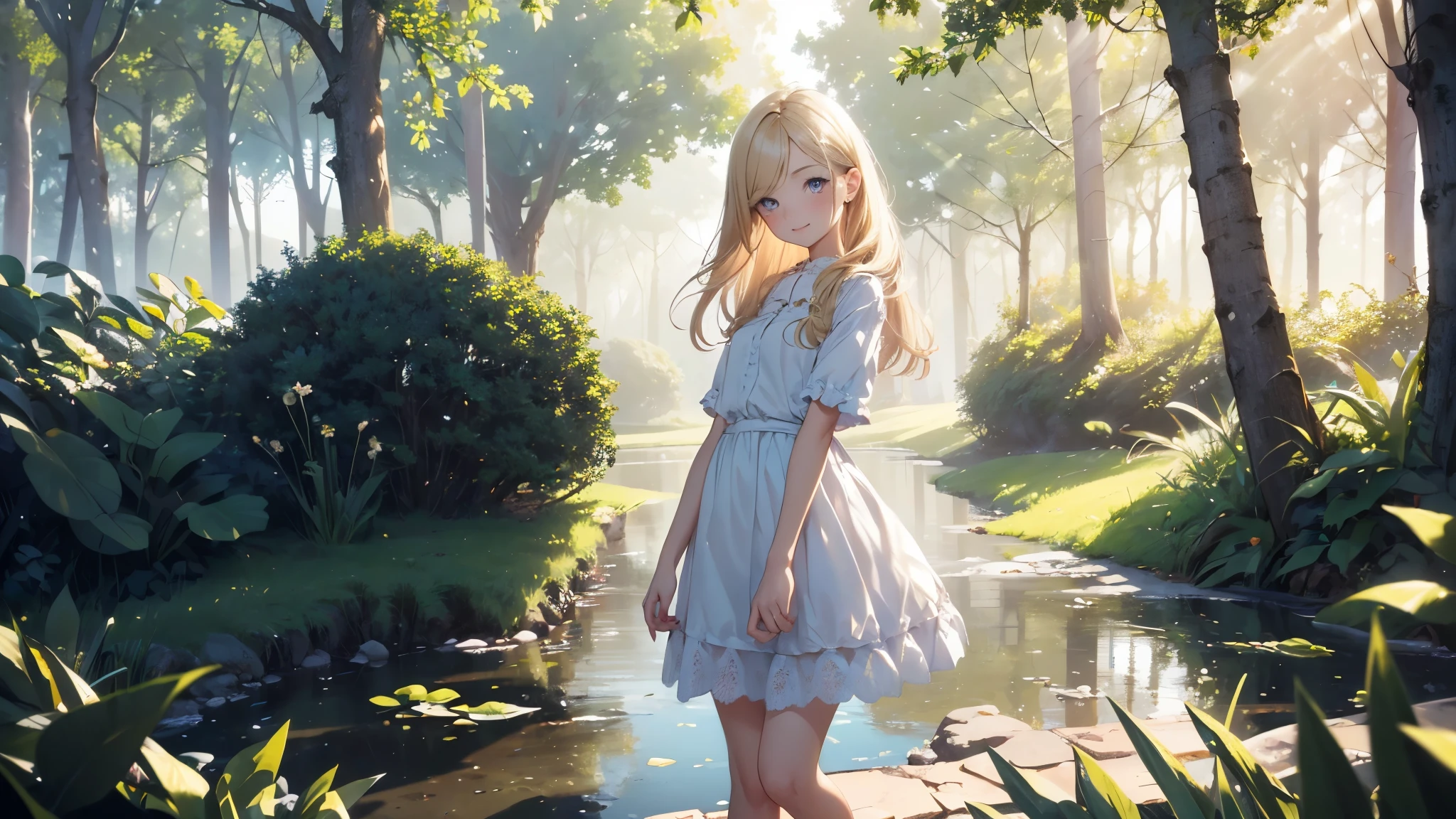 ((masterpiece,best quality,ultra detailed,ultra high res)), soft realistic focus, Perfect Eyes, dynamic shadows, realistic image, vibrant colors,light leaks,dreamy atmosphere,chiaroscuro,BREAK 
experimental charm, The girl is depicted in full growth, girl 10 years old, thin and tall, you see the girl from head to toe, nostalgic appeal, country girlfriend, she take you with yourself, skirt and short blouse, soft mischievous smile, freckles, blonde hair, slightly leaning forward, flashback of memories, blonde, holding your hand

