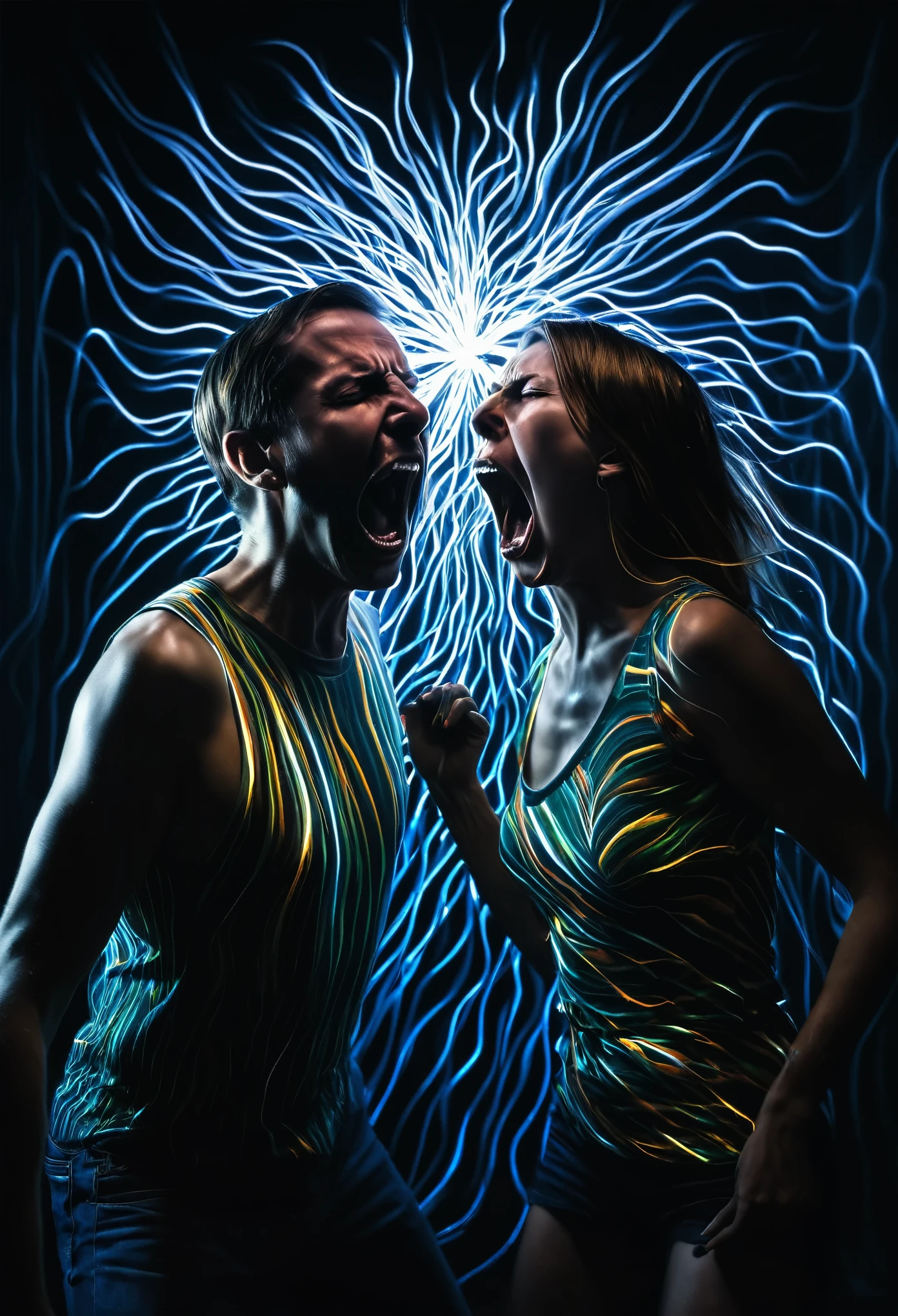 photo ultra réaliste d'une light painting homme et femme, both screaming as if they had anger or schizophrenia, quickly move their heads and merge, un portrait surréaliste à longue exposition couleur fuorescente . Photo masterpiece. des visions insensées autour.