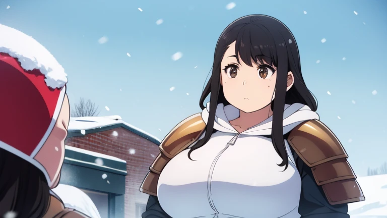 Plump black hair brown eyes longer year 21 big breasts chubby longer hair armor snow hooded happy