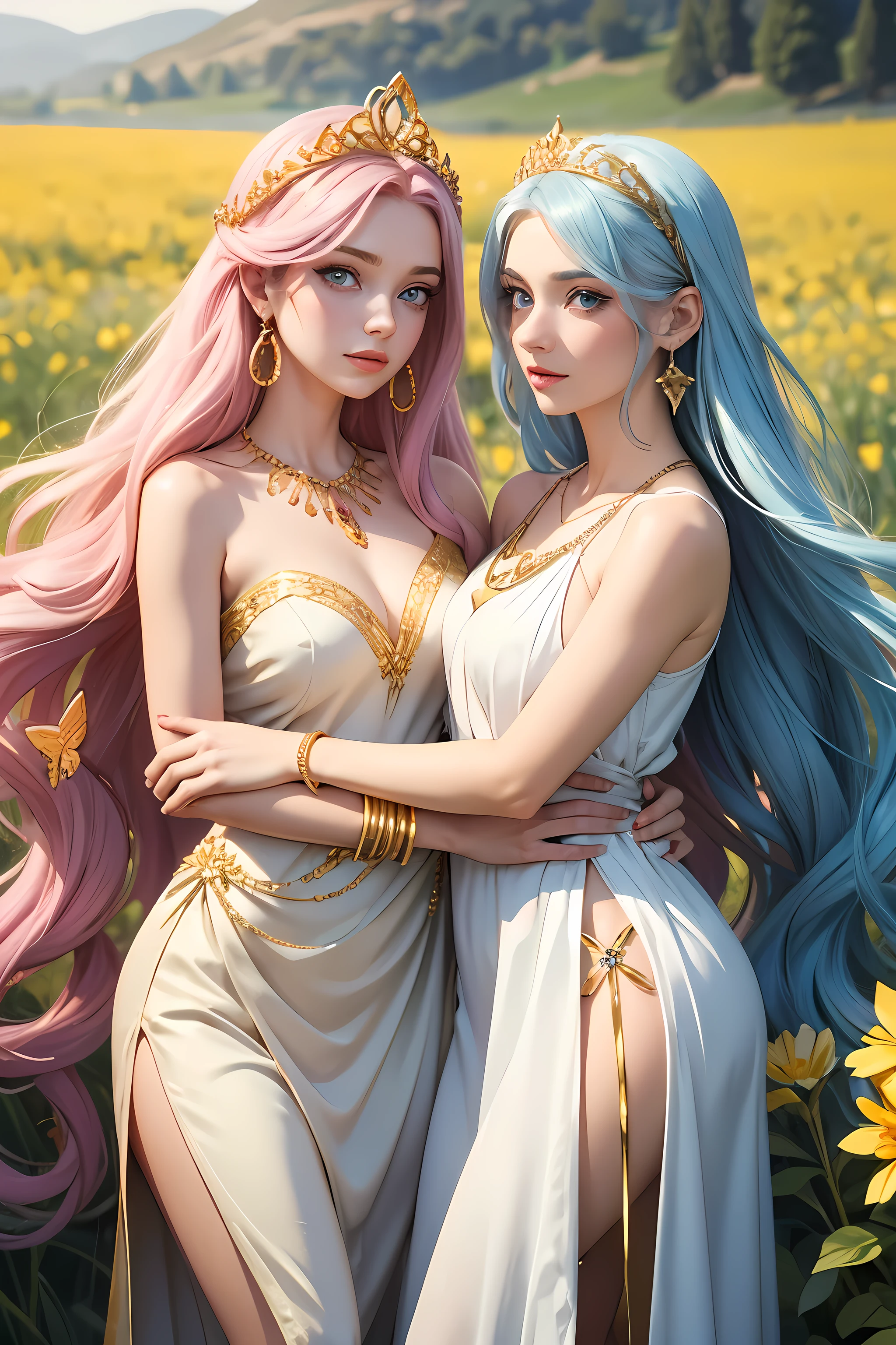 2girls, one with fuchsia hair, fuchsia eyes, narrowed eyes, long hair, straight hair, soft smile, gold tiara, gold earrings, gold necklace, gold accessories, greek style dress, white dress, one with light blue hair, white dress, blue eyes, wavy hair, sad eyes, greek style dress, blue dress, gold tiara, gold earrings, gold necklace, gold accessories, the background is a field of flowers, multiple butterflies fly around