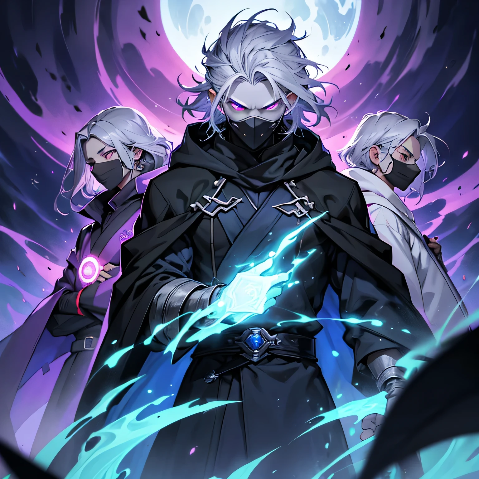 A dark, almost foggy background with wisps of purple smoke swirling around the edges. In the center stands Morwen, their silver hair flowing wildly behind them. Their black coat billows dramatically, and the faint outline of a mischievous grin can be seen on their half-mask. A single, glowing purple eye peeks out from the darkness of the hood. Pokemon evil team leader man evil with robes on male one person