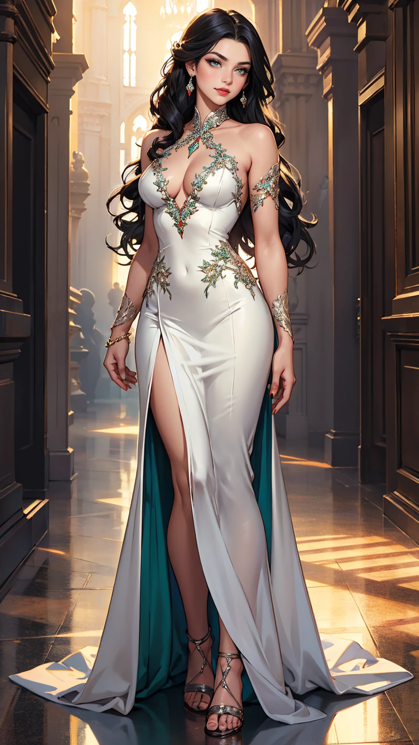 (masterpiece, best quality, highres, ultra-detailed),(beautiful and aesthetic:1.2), 1woman, adult woman, black wavy hair, green eyes, languid, delicate face,(slight smile:0.8), detailed eyes and face, perfect body, full body, red lips, beautiful make-up, sequin-dusted periwinkle gown with a crisscross back, deep V-neckline, and a fluttering floor-length skirt