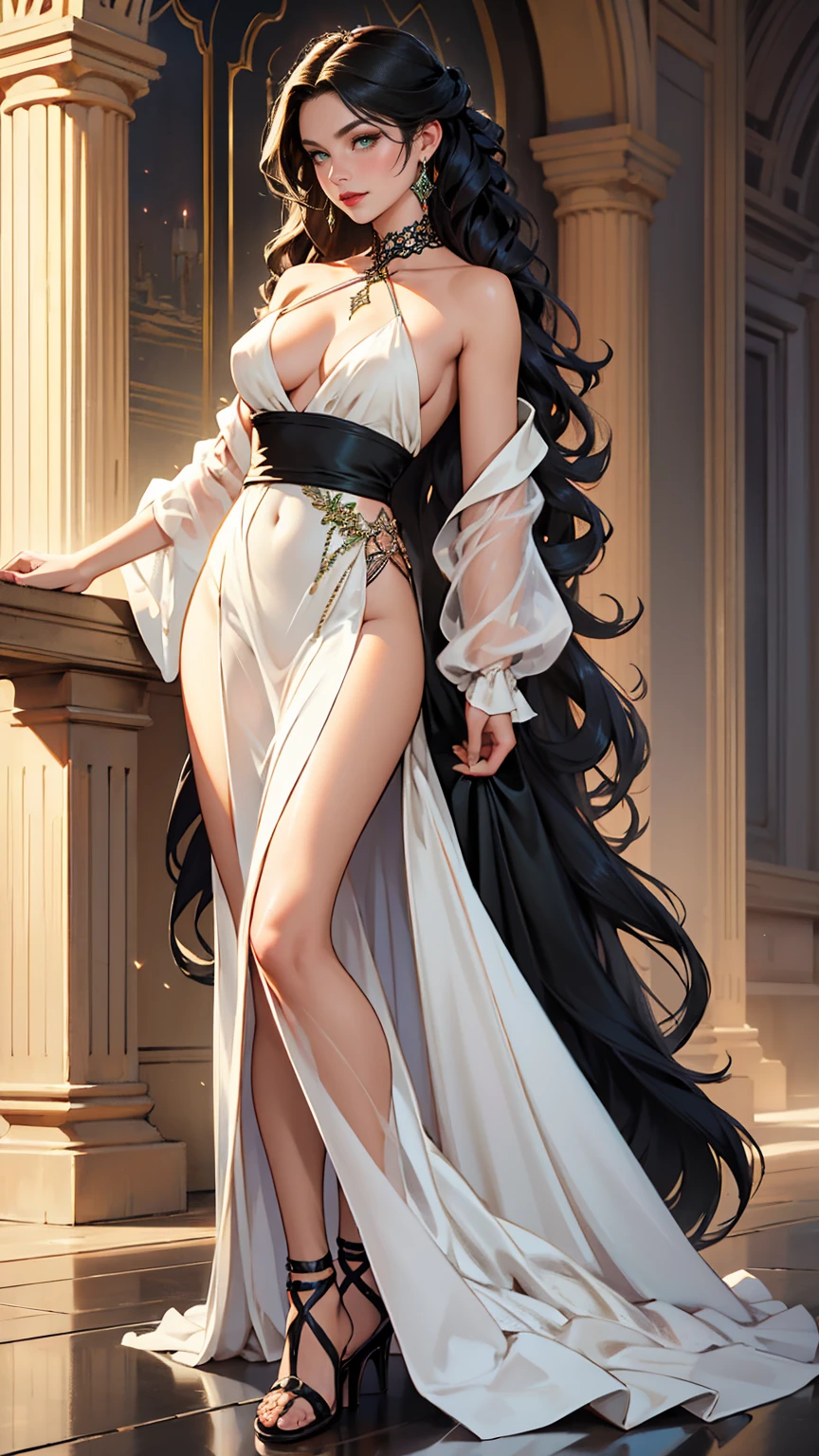 (masterpiece, best quality, highres, ultra-detailed),(beautiful and aesthetic:1.2), 1woman, adult woman, black wavy hair, green eyes, languid, delicate face,(slight smile:0.8), detailed eyes and face, perfect body, full body, red lips, beautiful make-up, sequin-dusted periwinkle gown with a crisscross back, deep V-neckline, and a fluttering floor-length skirt