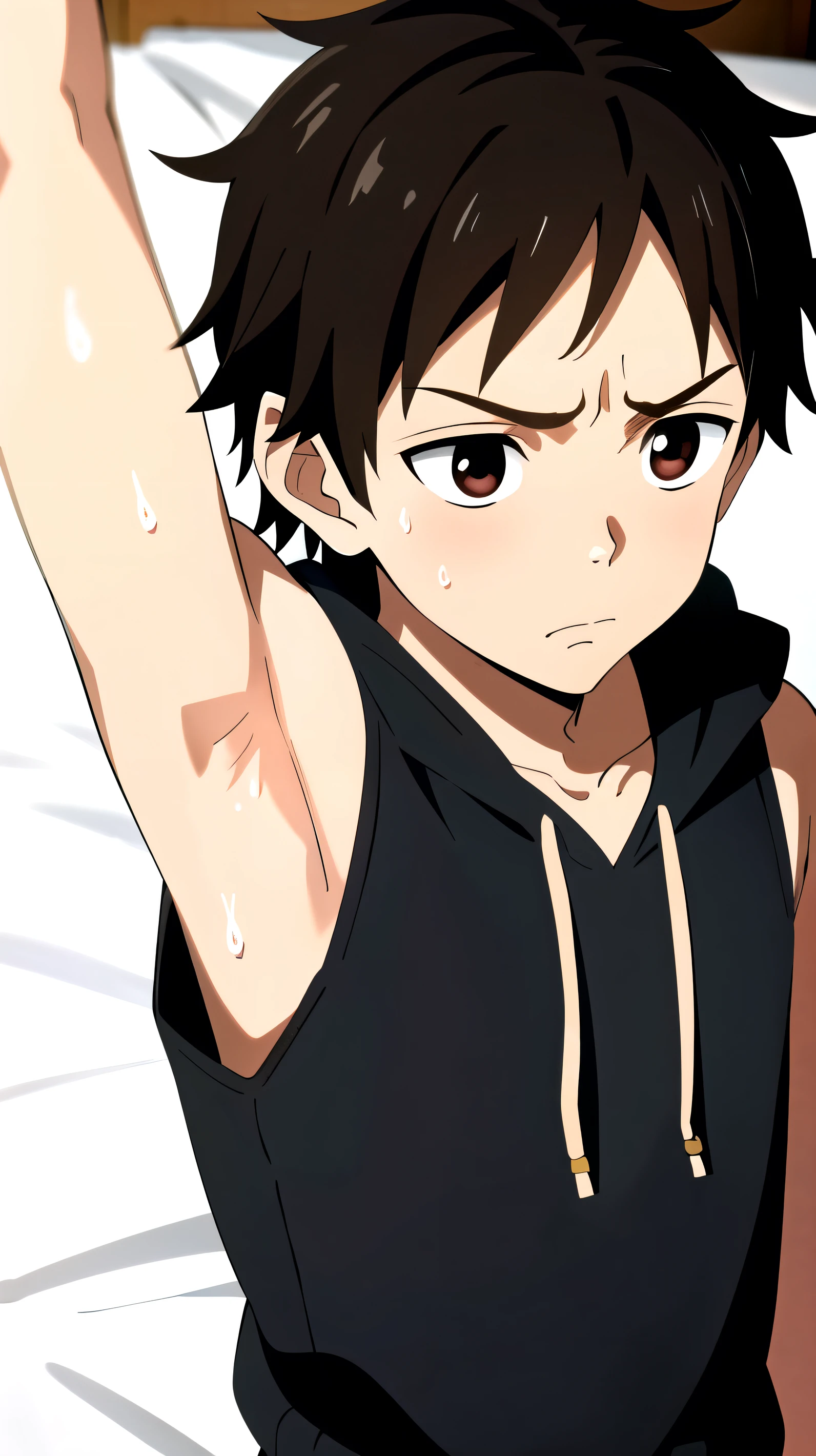 Highres, Masterpiece, Best quality at best,Best Quality,hight quality, hight detailed, 1boy, Brown hair, messy hair, Shota, Sweat, Sleeveless hoodie, upper body, Depth of field, Anime Screencap Style, thin line, Sleep on the bed, Seen from above, look good boy, Cute boy, (Showing armpit:1.3), (very small and short stature), (very young boy), 12-year-old boys, Blurry beckground