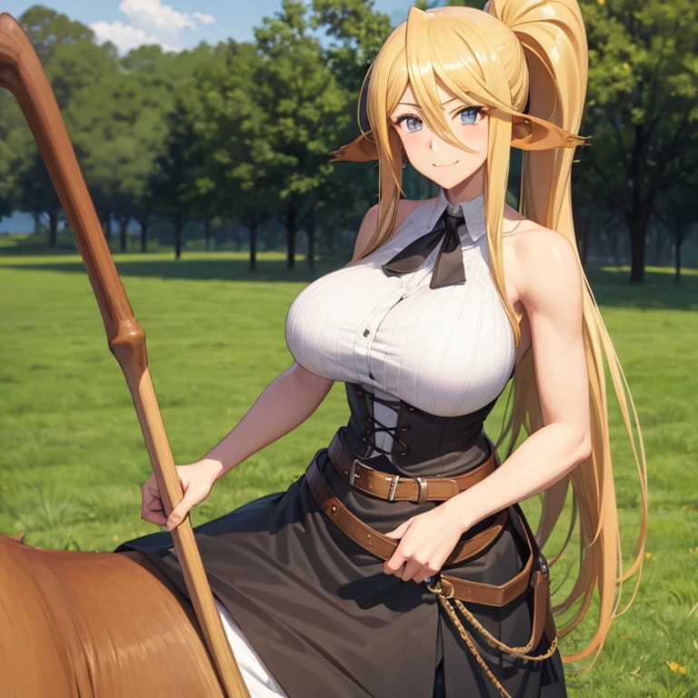 Centorea, big breasts, smile, standing on a grasfiel