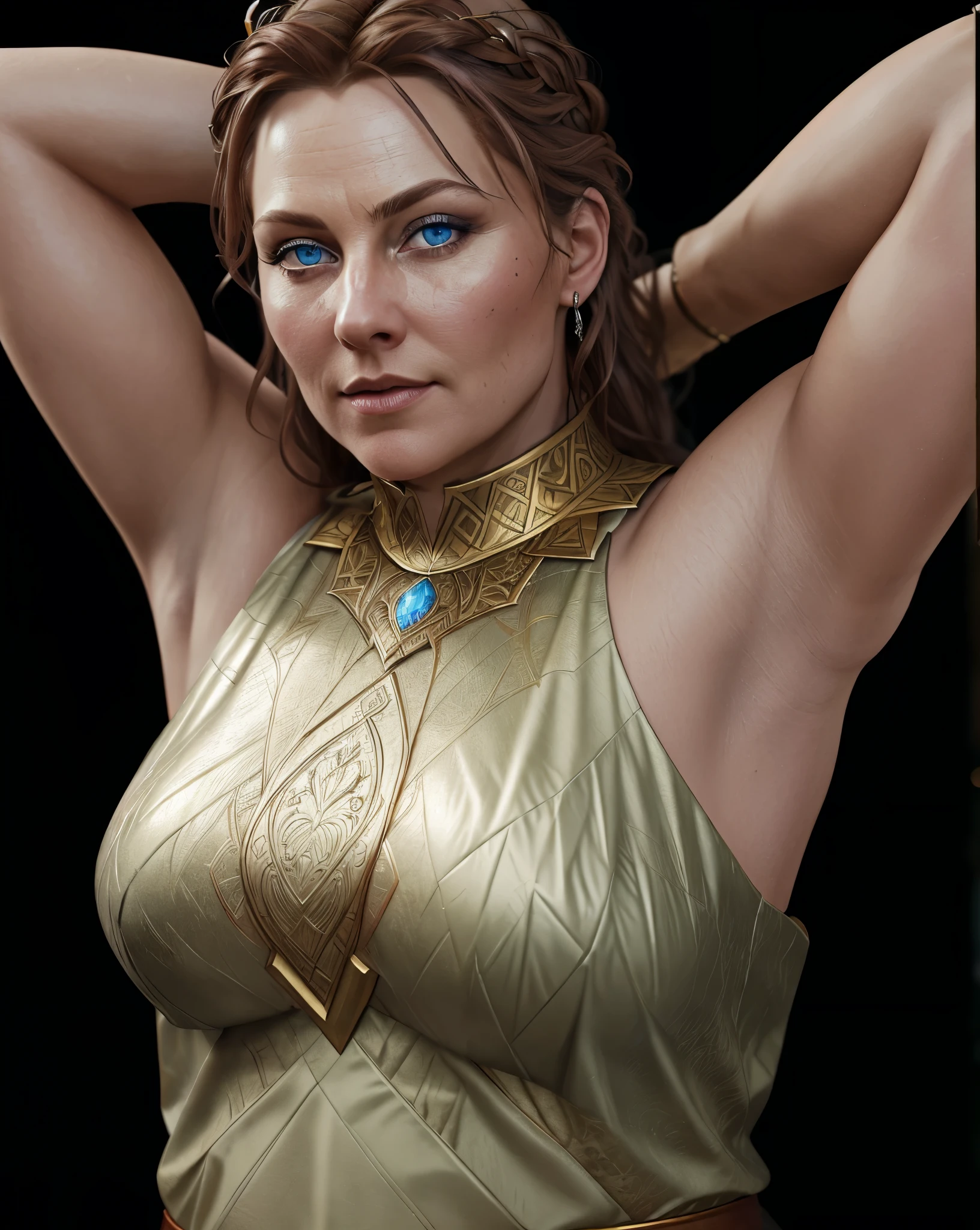 Full body Portrait of the Great Nordic Queen, a very gorgeous woman, 50 years old, thick healthy body, erotic warrior costumes, dark red styled fluffy hair, natural Blue eyes, a nose with a bump, an elongated chin, dressed in ancient national,
8k resolution, dynamic lighting hyperdetailed intricately detailed Splash art trending on Artstation triadic colors Unreal Engine 5 volumetric lighting, oil painting, heavy strokes