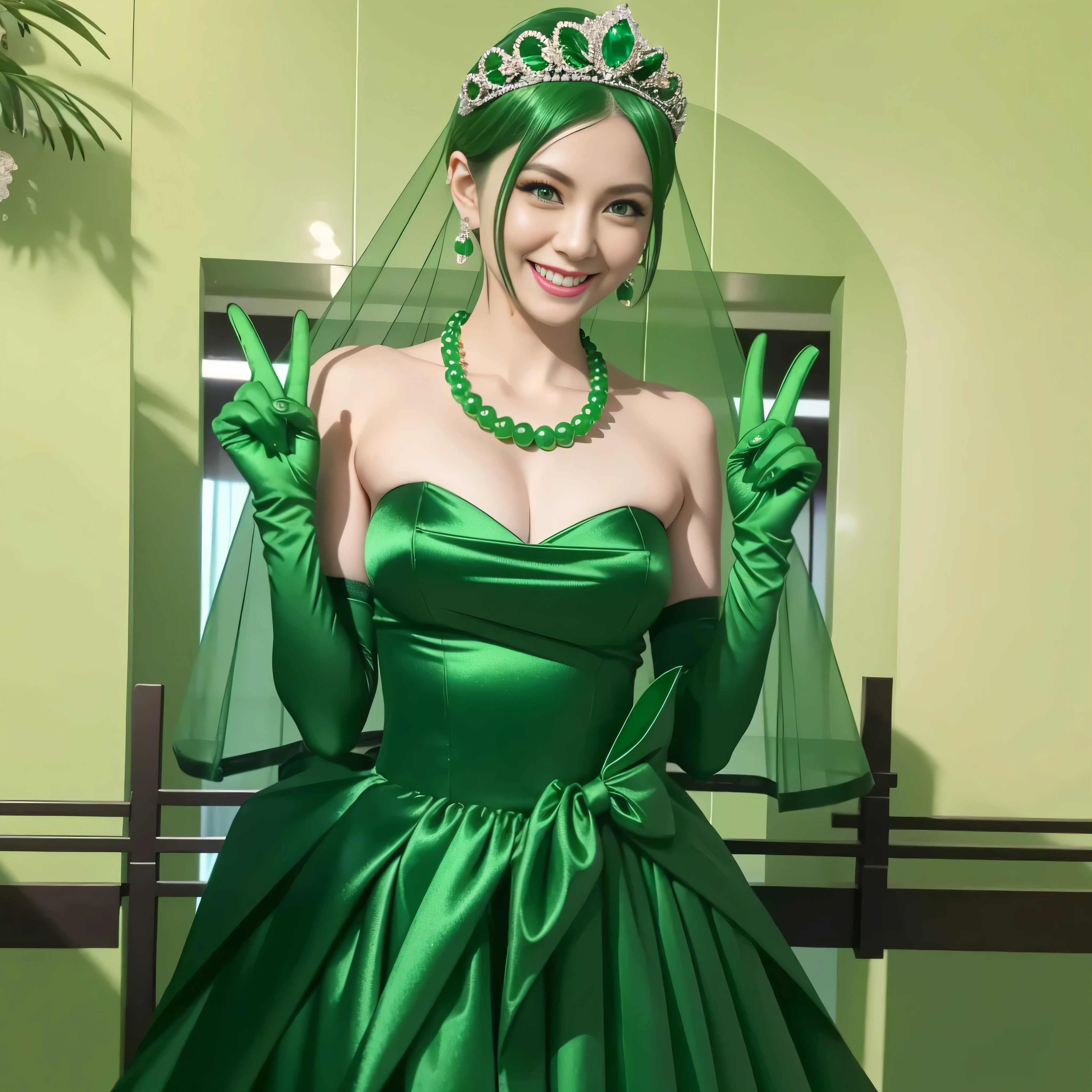 Emerald tiara, Green Pearl Necklace, Boyish very short green hair, lipstick, Smiling Japanese woman, Very short hair, Big tits beautiful, Green Eyes, Long green satin gloves, Green Eyes, v sign, Emerald Earrings, Green Veil