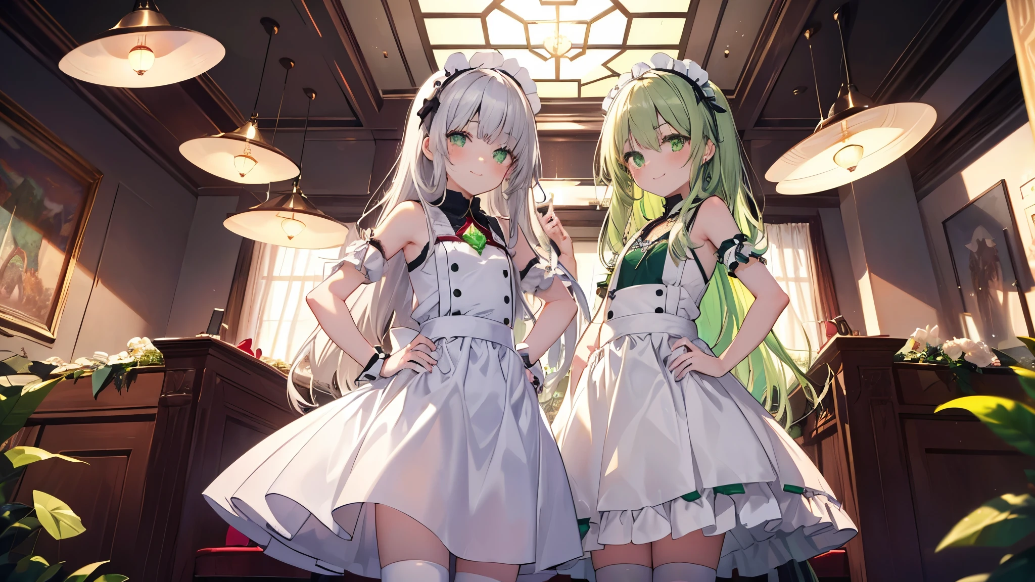 index, index, (green ruby eyes:1.5), silver hair, long hair, (flat chest:1.2),smile,blush,bossy,she was wearing a maid long skirt, white stockings on her legs,put both hands on hips,Standing in honor,bare shoulders,looking up from below,There&#39;s a lot of food on the table, break looking at viewer, Upper body, whole body, break indoors, restaurant,viking, break (masterpiece:1.2), highest quality, High resolution, unity 8k wallpaper, (figure:0.8), (detailed and beautiful eyes:1.6), highly detailed face, perfect lighting, Very detailed CG, (perfect hands, perfect anatomy),