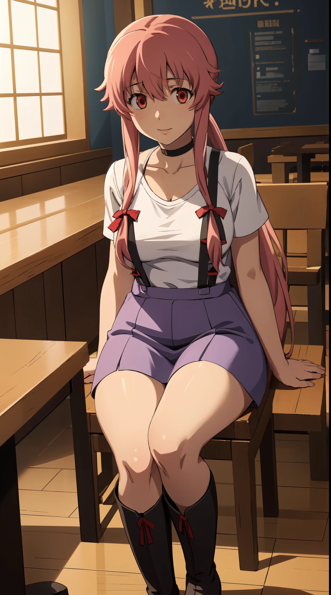 The depiction of Yuno Gasai enjoying a peaceful moment in a coffee shop during summer, adorned in a fashionable ensemble of black thigh-highs with suspenders, a white T-shirt, a gothic choker, and black boots, emphasizes her unique sense of style and contrasts with the intense and suspenseful scenes often associated with her character. The imagery captures a rare moment of tranquility and personal expression, showcasing a different side of Yuno beyond her intense persona. (large breasts:1.1), red eyes, happy,

