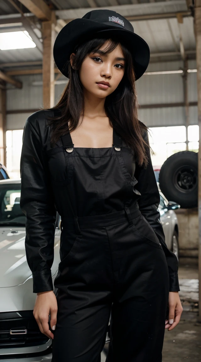 Picture taken with Sony A7RIV, realistic, 8K, Hi-Res picture, masterpiece, perfect facing viewer shoot, detailed complicated background, Gorgeous twenty years old Indonesian girl, natural body, wearing black hat, black mechanic coverall, stand, automotive workshop in Jakarta