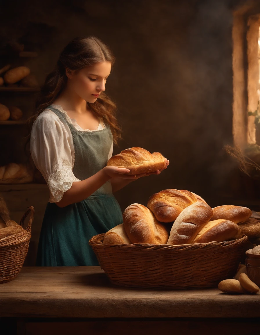(A girl,delicate details,soft skin)standing in front of a (rustic wooden table,aged surface), surrounded by (vibrant colors). She is holding a fresh loaf of bread, freshly baked and still steaming. The aroma of the bread fills the air, as (smoke rises delicately). The girl's eyes sparkle with excitement as she admires her creation. The sunlight peeks through the window, casting a warm glow on the scene. The room is filled with anticipation and the promise of a delicious treat. This masterpiece captures the essence of the freshly baked bread, highlighting the (crispy golden crust and the soft, fluffy interior). The attention to detail is striking, from the (fine texture of the girl's apron to the subtle wisps of smoke). The vivid colors bring the scene to life, evoking a sense of warmth and comfort. This realistic and heartwarming artwork celebrates the joy and satisfaction of creating something with love and care.