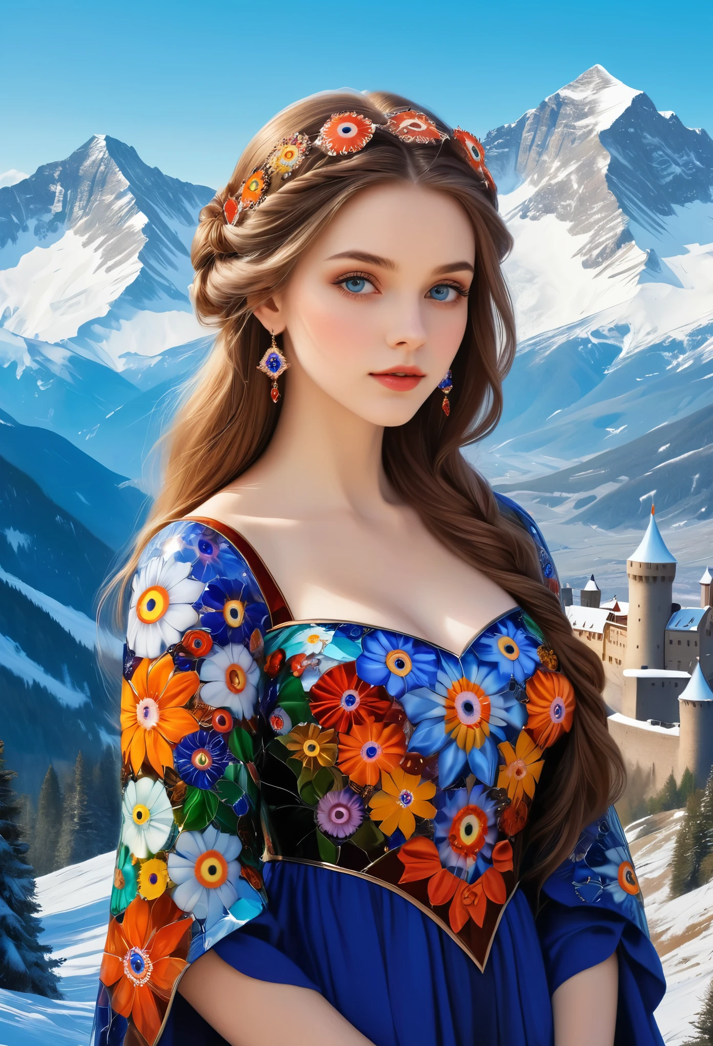 Millefiori glass style，((masterpiece)),best quality, illustration, dark, 1 Girl, In the wilderness,Mountain High,Snow-capped mountains in the distance, castle, Beautiful and delicate eyes,  beautiful fine hair,