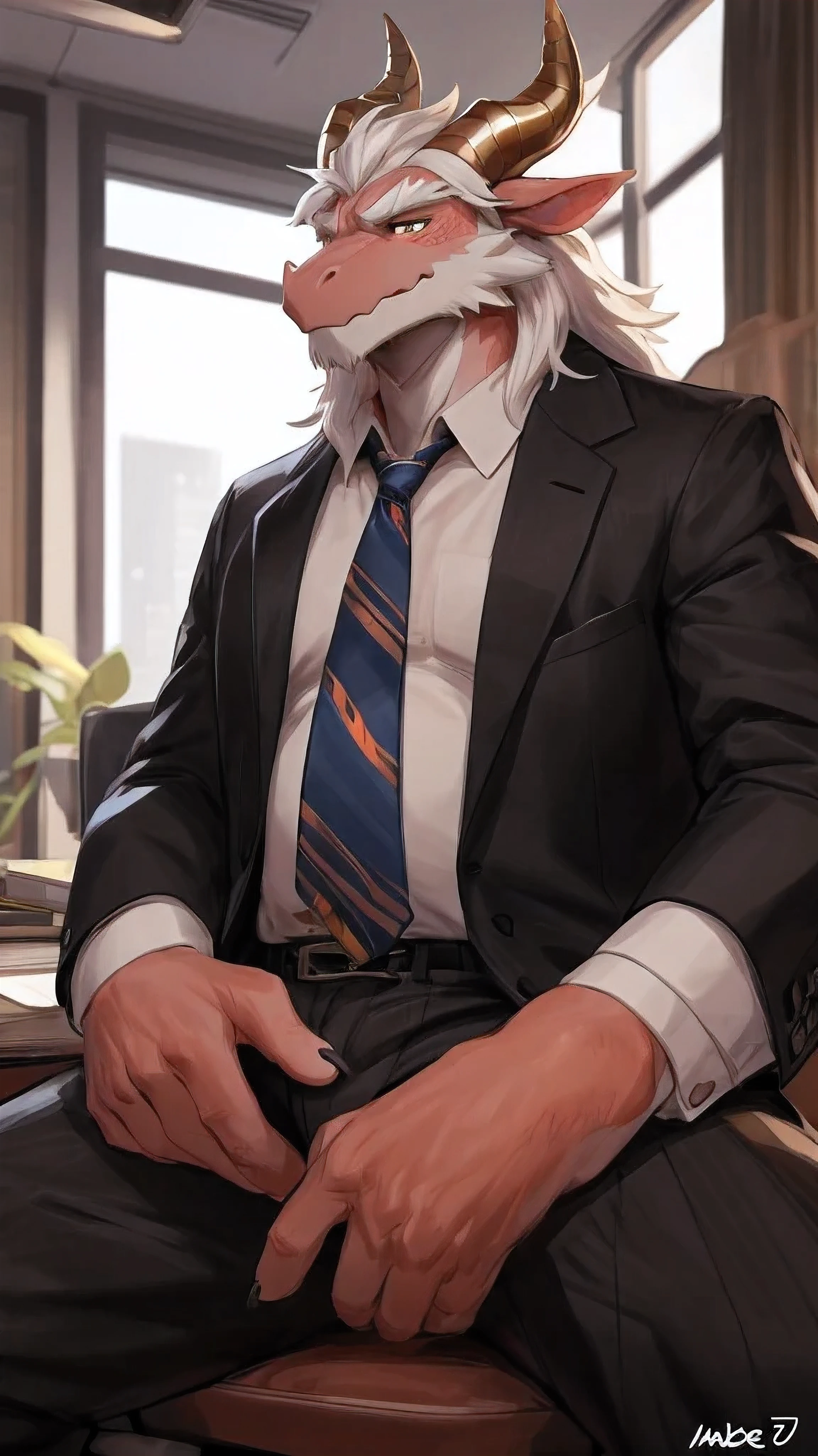 detailed, high quality, extremely detailed CG unity, sharp, exposure blend, detailed background, detailed face, detailed body, detailed eyes, (detailed hands), detailed fingers, Highest Quality, 4k, masterpiece, Amazing Details, Shallow Depth of Field, E671, solo, 1boy, anthro, dragon, daddy, father, older, dilf, old man, old, nsfw, sweat drops, hot, shine eyes, detail eyes, fur dragon, fur body, two ears, fluffy fur, 2 big horn, huge, tall, daddy, long hair, hairy, sexually, sexy pose, SFW, (male anthro dragon:1.3), skinny, (thin body), handsome face, full body, male, sweat, detailed background, oral, Men's Long Sleeve Shirt, pants, tie, office clothes, sweat clothes, exhausted, tired, ((close-up view, look at view)), company background, ((by bebebebebe))