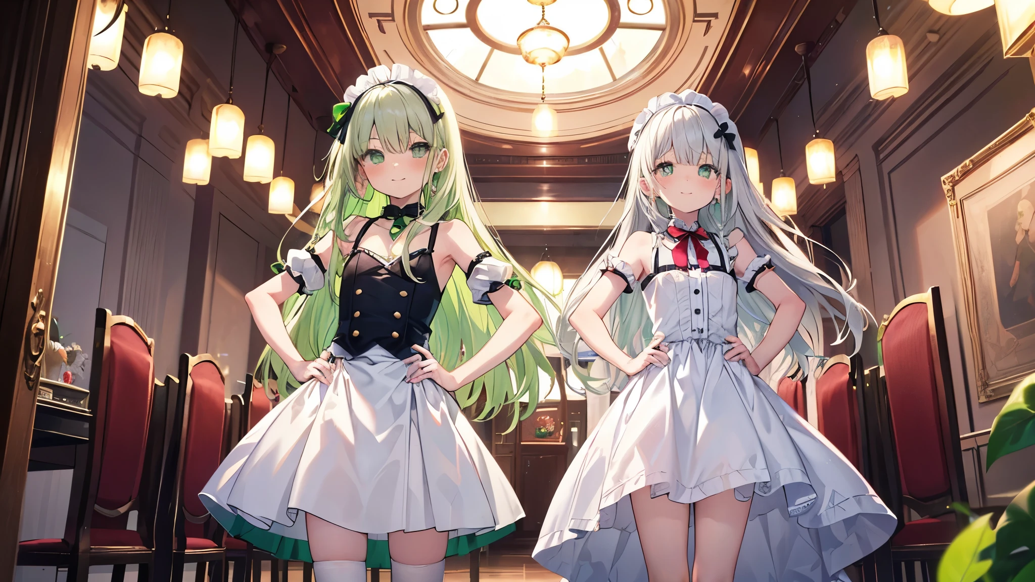 index, index, (green ruby eyes:1.5), silver hair, long hair, (flat chest:1.2),smile,blush,bossy,she was wearing a maid long skirt, white stockings on her legs,put both hands on hips,Standing in honor,bare shoulders,looking up from below,There&#39;s a lot of food on the table, break looking at viewer, Upper body, whole body, break indoors, restaurant,viking, break (masterpiece:1.2), highest quality, High resolution, unity 8k wallpaper, (figure:0.8), (detailed and beautiful eyes:1.6), highly detailed face, perfect lighting, Very detailed CG, (perfect hands, perfect anatomy),
