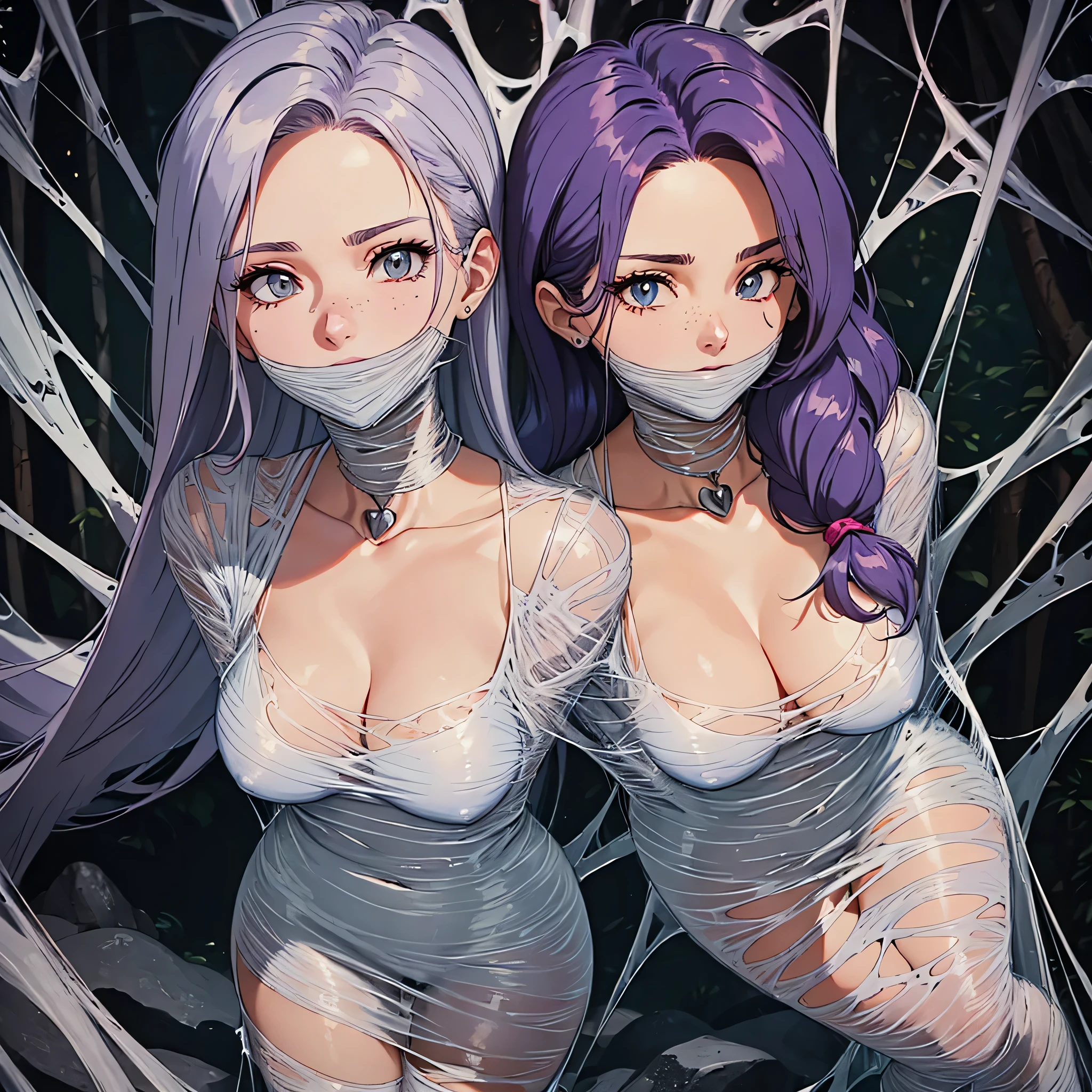 A young woman with (long lavender colored hair with a single braid accent),(grey colored eyes),(youthful freckles over nose), (anime) in bar, (choker necklace), (mischievous troublemaker), (sh44r) ,(bar setting). (best quality, 4k, highres, masterpiece:1.2), (ultra-detailed), (realistic, photorealistic:1.37), (vivid colors), (portrait), (bokeh), (soft lighting) full body photo,spider web,cocoon,gagged