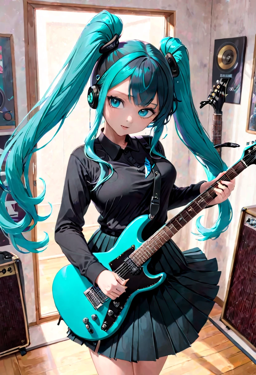 ((masterpiece, best quality))1girl, solo, black dress, blue eyes, electric guitar, guitar, headphones, double ponytail, holding, holding plectrum, instrument, long hair, music, one side up, teal hair, twin tails, playing guitar, pleated skirt, black shirt, interior
