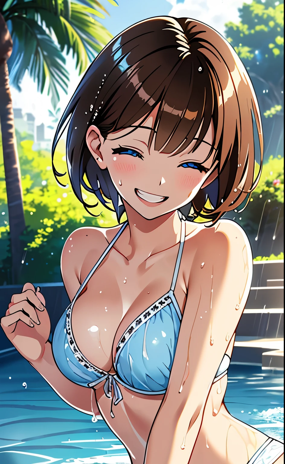 (masterpiece:1.4、top-quality、illustration:1.4,realistic、)、(character focus、breast focus,upper body)、(1girl),(Open mouth happy grin:1.3),(half closed eyes),cute face,blue eyes、((((wet))))、
,(stand:1.4),(Shining smile),
,(slender),(bikini),(,short brown hair:1.6), (large breasts)、
、slender、pool,、