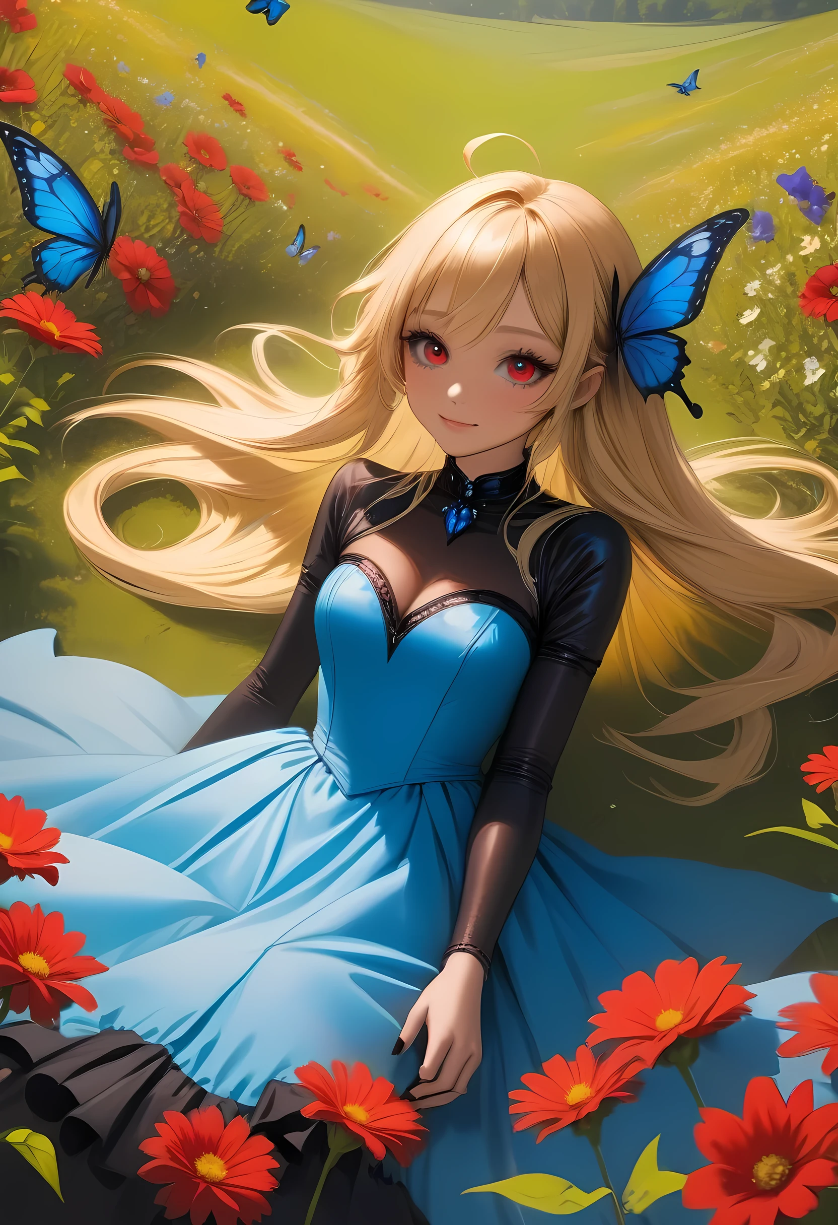 high details, best quality, 16k, RAW, [best detailed], masterpiece, best quality, (extremely detailed), full body, ultra wide shot, photorealistic, dark fantasy art, goth art, RPG art, D&D art, a picture of a dark female fairy resting in a flower meadow, extremely beautiful fairy, ultra feminine (intense details, Masterpiece, best quality), best detailed face (intense details, Masterpiece, best quality), having wide butterfly wings, spread butterfly wings (intense details, Masterpiece, best quality: 1.3), (blue: 1.5)  colors wings (intense details, Masterpiece, best quality), (blond) hair, long hair, shinning hair, flowing hair, shy smile, innocent smile, (red: 1.3) eyes, dark blue lips, wearing [azure] dress latex corset (intense details, Masterpiece, best quality), dynamic elegant shirt, chocker, wearing (blue: 1.3) high heels, in various shades of red colored flower meadow (intense details, Masterpiece, best quality), (red flowers: 1.2) , (black flowers: 1.2), (white flowers: 1.2), (blue flowers: 1.3) [extreme many flowers] (intense details, Masterpiece, best quality), dark colorful flowers (intense details, Masterpiece, best quality), flower meadow in a dark goth field background, dim light, cinematic light, High Detail, Ultra High Quality, High Resolution, 16K Resolution, Ultra HD Pictures, 3D rendering Ultra Realistic, Clear Details, Realistic Detail, Ultra High Definition, #chinese cloth, dungeons and dragons, DonMDr4g0nXL