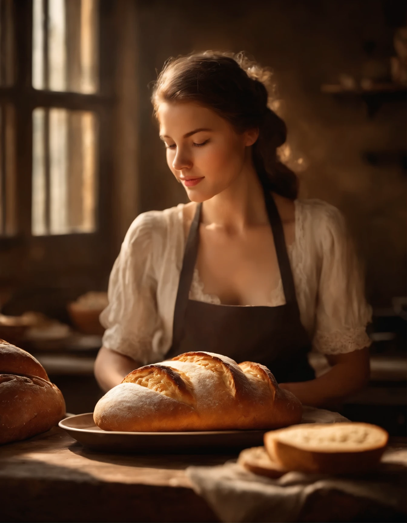 (A girl,delicate details,soft skin)standing in front of a (rustic wooden table,aged surface), surrounded by (vibrant colors). She is holding a fresh loaf of bread, freshly baked and still steaming. The aroma of the bread fills the air, as (smoke rises delicately). The girl's eyes sparkle with excitement as she admires her creation. The sunlight peeks through the window, casting a warm glow on the scene. The room is filled with anticipation and the promise of a delicious treat. This masterpiece captures the essence of the freshly baked bread, highlighting the (crispy golden crust and the soft, fluffy interior). The attention to detail is striking, from the (fine texture of the girl's apron to the subtle wisps of smoke). The vivid colors bring the scene to life, evoking a sense of warmth and comfort. This realistic and heartwarming artwork celebrates the joy and satisfaction of creating something with love and care.