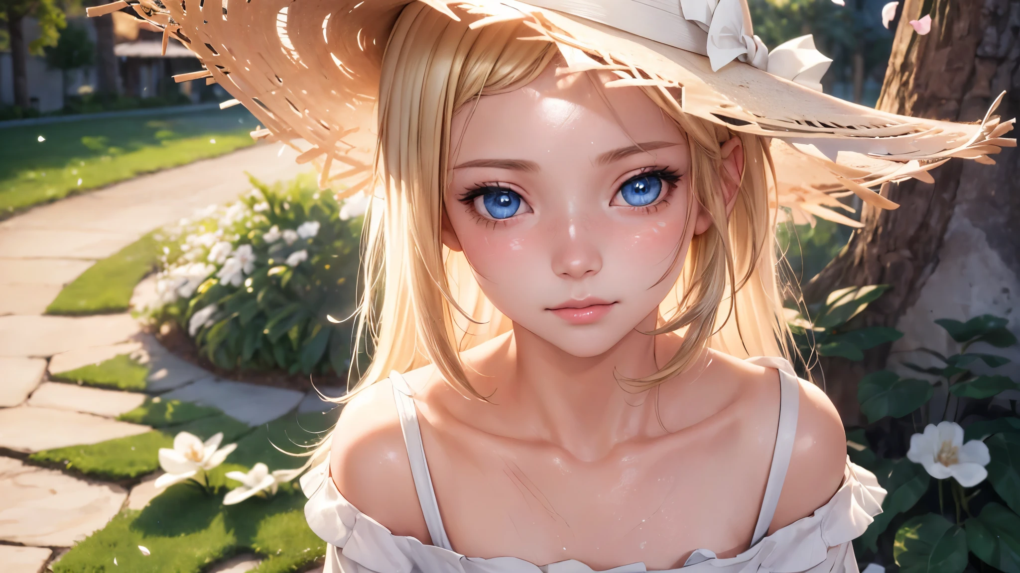 1girl, White summer costume, denim skirt, a straw fedora hat, Bare legged, blonde hair, blue eyess, full bodyesbian, Style Petals, wood background, A clear day, perfect eyes, perfect hand, 超A high resolution, Movie angle, profetional lighting, top-quality, masterpiece, side lights, sharp, Perfect focus, bokeh dof, Photorealsitic, (Fine details beautiful eyes:1.3), realisitic, (3D Face:1.1), (shinny skin:1.5), (Complex facial details in ultra-high resolution), (Pores on the skin of the face:1.3)、Ultra-high resolution fabric texture、8k eye details、8K pupil、