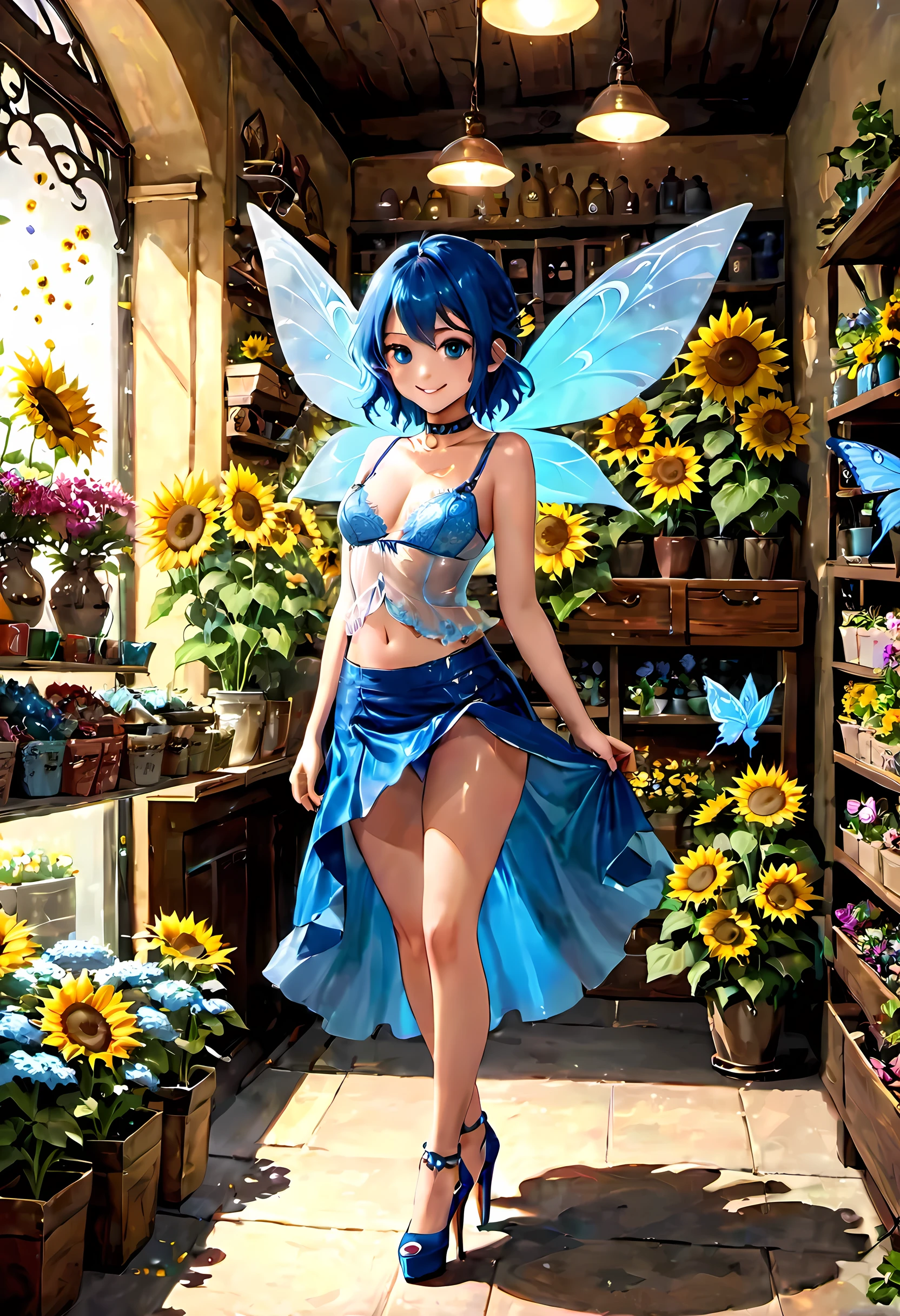 high details, best quality, 16k, RAW, [best detailed], masterpiece, best quality, (extremely detailed), GlowingRunes_paleblue, full body, ultra wide shot, photorealistic, fantasy art, RPG art, D&D art, a picture of a fairy selling flowers in a florist shop, extremely beautiful fairy, ultra feminine (intense details, Masterpiece, best quality), (Blue: 1.3) butterfly wings (intense details, Masterpiece, best quality), blue and white wings (intense details, Masterpiece, best quality), azure hair, pixie cut hair, shinning hair, flowing hair, shy smile, innocent smile, blue eyes, wearing bright blue skirt, dynamic elegant shirt, chocker, wearing high heels, in flower shop (intense details, Masterpiece, best quality), extreme many (sunflowers: 1.3) (intense details, Masterpiece, best quality), sunflower shop in a modern era street, High Detail, Ultra High Quality, High Resolution, 16K Resolution, Ultra HD Pictures, Ultra Realistic, Clear Details, Realistic Detail, Ultra High Definition, Big Fairy Wings, wearing edgLL leather lingerie dungeons and dragons, DonMDr4g0nXL