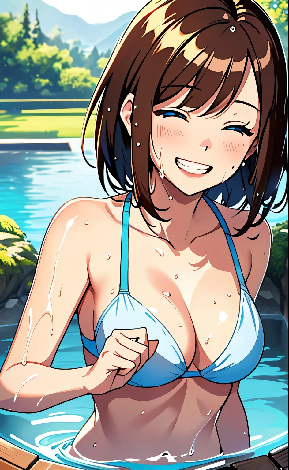 (masterpiece:1.4、top-quality、illustration:1.4,realistic、)、(character focus、 focus,upper body)、(1girl),(Open mouth happy grin:1.3),(half closed eyes),cute face,blue eyes、((((wet))))、
,(stand:1.4),(Shining smile),
,(slender),(bikini),(medium brown hair:1.6), (large breastender、pool,、