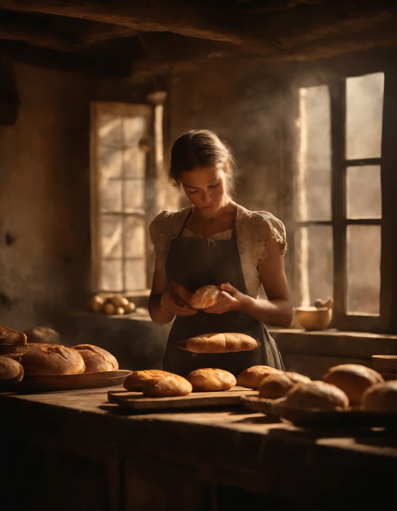 (A girl,delicate details,soft skin)standing in front of a (rustic wooden table,aged surface), surrounded by (vibrant colors). She is holding a fresh loaf of bread, freshly baked and still steaming. The aroma of the bread fills the air, as (smoke rises delicately). The girl's eyes sparkle with excitement as she admires her creation. The sunlight peeks through the window, casting a warm glow on the scene. The room is filled with anticipation and the promise of a delicious treat. This masterpiece captures the essence of the freshly baked bread, highlighting the (crispy golden crust and the soft, fluffy interior). The attention to detail is striking, from the (fine texture of the girl's apron to the subtle wisps of smoke). The vivid colors bring the scene to life, evoking a sense of warmth and comfort. This realistic and heartwarming artwork celebrates the joy and satisfaction of creating something with love and care.