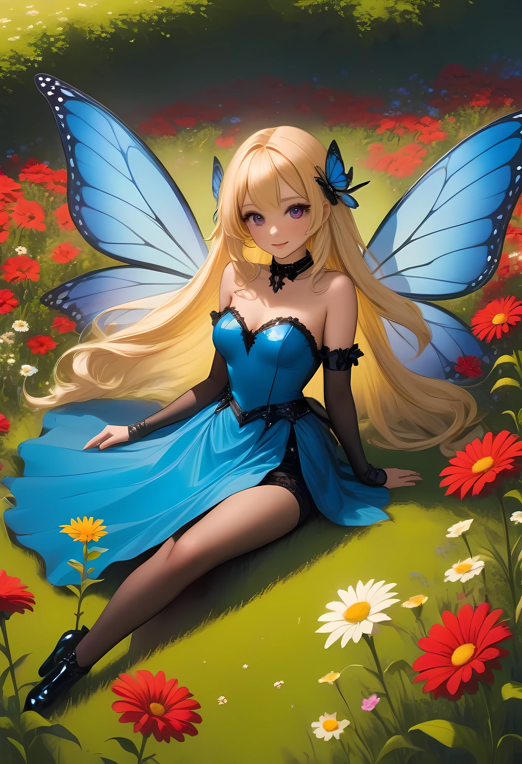 high details, best quality, 16k, RAW, [best detailed], masterpiece, best quality, (extremely detailed), full body, ultra wide shot, photorealistic, dark fantasy art, goth art, RPG art, D&D art, a picture of a dark female fairy resting in a flower meadow, extremely beautiful fairy, ultra feminine (intense details, Masterpiece, best quality), best detailed face (intense details, Masterpiece, best quality), having wide butterfly wings, spread butterfly wings (intense details, Masterpiece, best quality: 1.3), (blue: 1.5)  colors wings (intense details, Masterpiece, best quality), (blond) hair, long hair, shinning hair, flowing hair, shy smile, innocent smile, (red: 1.3) eyes, dark blue lips, wearing [azure] dress latex corset (intense details, Masterpiece, best quality), dynamic elegant shirt, chocker, wearing (blue: 1.3) high heels, in various shades of red colored flower meadow (intense details, Masterpiece, best quality), (red flowers: 1.2) , (black flowers: 1.2), (white flowers: 1.2), (blue flowers: 1.3) [extreme many flowers] (intense details, Masterpiece, best quality), dark colorful flowers (intense details, Masterpiece, best quality), flower meadow in a dark goth field background, dim light, cinematic light, High Detail, Ultra High Quality, High Resolution, 16K Resolution, Ultra HD Pictures, 3D rendering Ultra Realistic, Clear Details, Realistic Detail, Ultra High Definition, #chinese cloth, dungeons and dragons, DonMDr4g0nXL