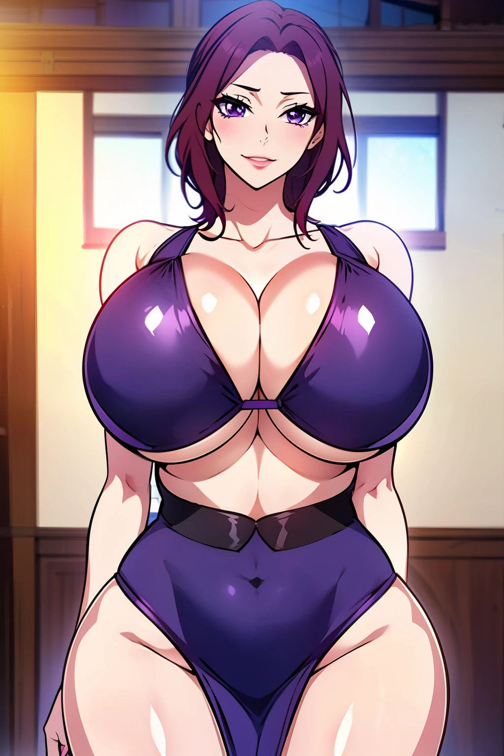 An anime-style artwork depicting Yoshioka_Maki from the game mesukyoshi4l.

Tags: Yoshioka_Maki, anime, detailed eyes, detailed lips, ass, (short kimono:1.1),  cleavage, curvy, thighs, higheels, shiny clothes, skin tight, cleavage, long hair, solo, huge breasts,  (violet eyes), smiling expression, intense gaze, dynamic pose, indoor, palace, vibrant colors, digital art, high-resolution, professional quality, gigantic breasts, (underboob : 1.4), curvy, cowboy shot, (gigantic breasts: 1.4),