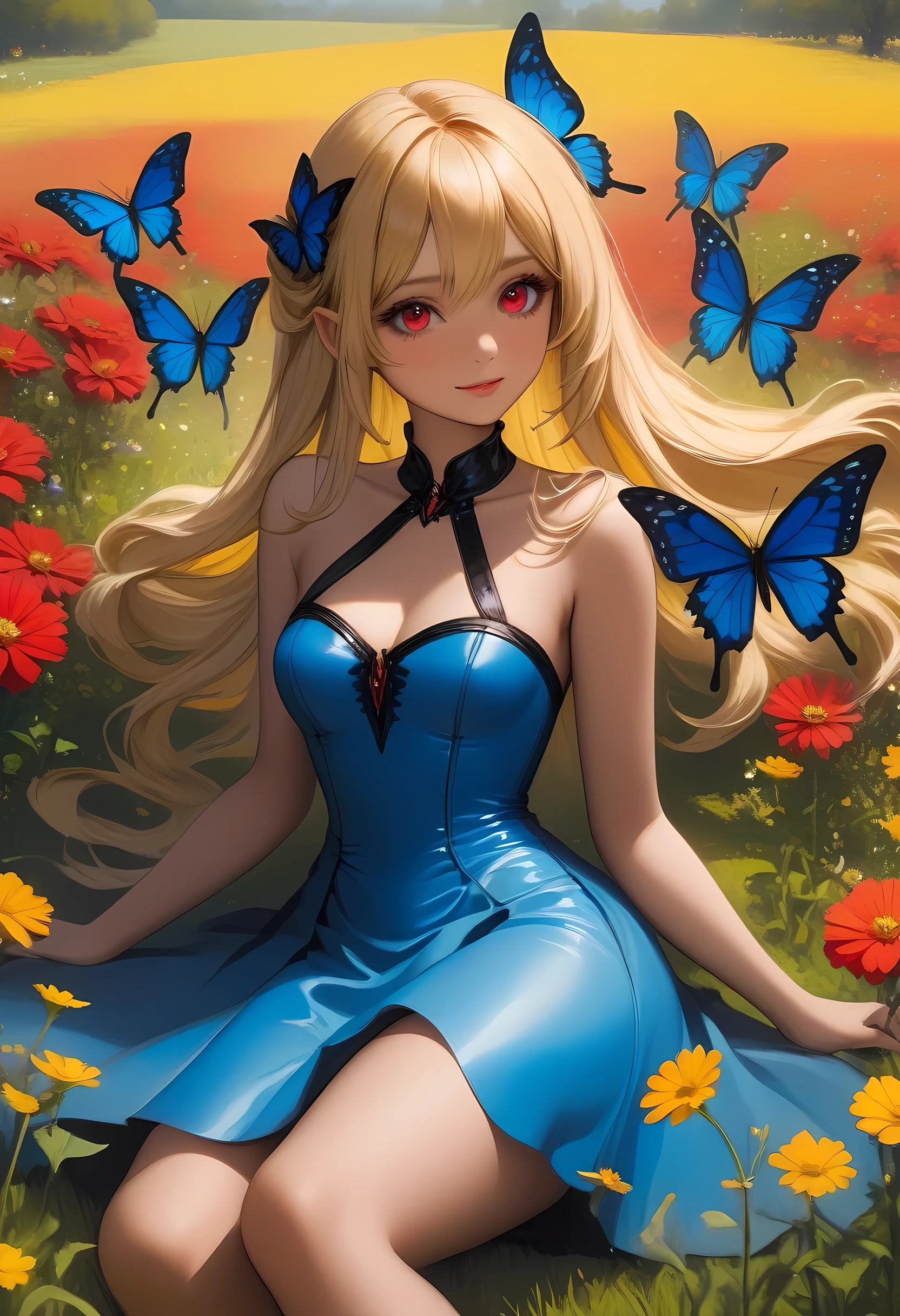 high details, best quality, 16k, RAW, [best detailed], masterpiece, best quality, (extremely detailed), full body, ultra wide shot, photorealistic, dark fantasy art, goth art, RPG art, D&D art, a picture of a dark female fairy resting in a flower meadow, extremely beautiful fairy, ultra feminine (intense details, Masterpiece, best quality), best detailed face (intense details, Masterpiece, best quality), having wide butterfly wings, spread butterfly wings (intense details, Masterpiece, best quality: 1.3), (blue: 1.5)  colors wings (intense details, Masterpiece, best quality), (blond) hair, long hair, shinning hair, flowing hair, shy smile, innocent smile, (red: 1.3) eyes, dark blue lips, wearing [azure] dress latex corset (intense details, Masterpiece, best quality), dynamic elegant shirt, chocker, wearing (blue: 1.3) high heels, in various shades of red colored flower meadow (intense details, Masterpiece, best quality), (red flowers: 1.2) , (black flowers: 1.2), (white flowers: 1.2), (blue flowers: 1.3) [extreme many flowers] (intense details, Masterpiece, best quality), dark colorful flowers (intense details, Masterpiece, best quality), flower meadow in a dark goth field background, dim light, cinematic light, High Detail, Ultra High Quality, High Resolution, 16K Resolution, Ultra HD Pictures, 3D rendering Ultra Realistic, Clear Details, Realistic Detail, Ultra High Definition, #chinese cloth, dungeons and dragons, DonMDr4g0nXL