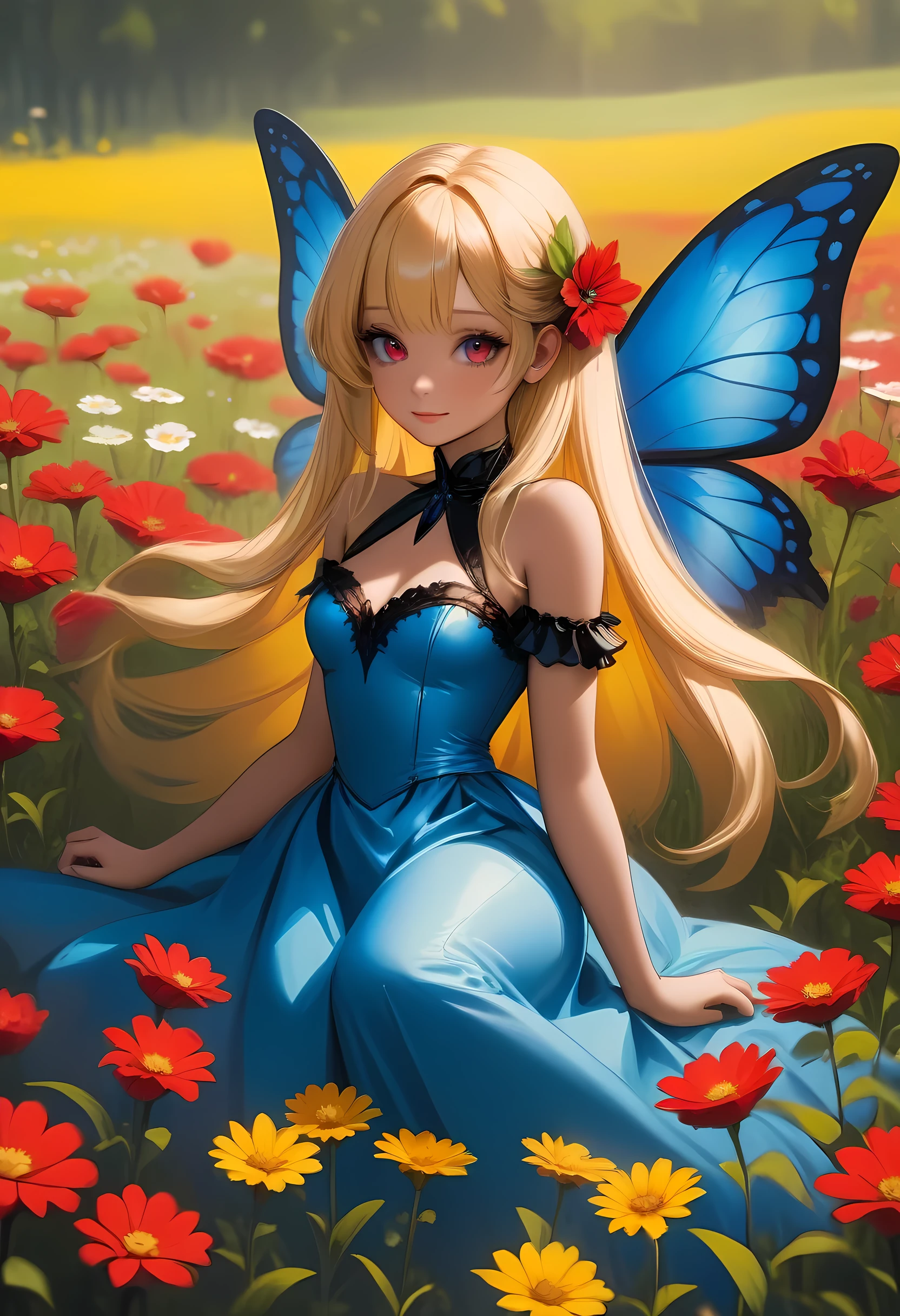 high details, best quality, 16k, RAW, [best detailed], masterpiece, best quality, (extremely detailed), full body, ultra wide shot, photorealistic, dark fantasy art, goth art, RPG art, D&D art, a picture of a dark female fairy resting in a flower meadow, extremely beautiful fairy, ultra feminine (intense details, Masterpiece, best quality), best detailed face (intense details, Masterpiece, best quality), having wide butterfly wings, spread butterfly wings (intense details, Masterpiece, best quality: 1.3), (blue: 1.5)  colors wings (intense details, Masterpiece, best quality), (blond) hair, long hair, shinning hair, flowing hair, shy smile, innocent smile, (red: 1.3) eyes, dark blue lips, wearing [azure] dress latex corset (intense details, Masterpiece, best quality), dynamic elegant shirt, chocker, wearing (blue: 1.3) high heels, in various shades of red colored flower meadow (intense details, Masterpiece, best quality), (red flowers: 1.2) , (black flowers: 1.2), (white flowers: 1.2), (blue flowers: 1.3) [extreme many flowers] (intense details, Masterpiece, best quality), dark colorful flowers (intense details, Masterpiece, best quality), flower meadow in a dark goth field background, dim light, cinematic light, High Detail, Ultra High Quality, High Resolution, 16K Resolution, Ultra HD Pictures, 3D rendering Ultra Realistic, Clear Details, Realistic Detail, Ultra High Definition, #chinese cloth, dungeons and dragons, DonMDr4g0nXL