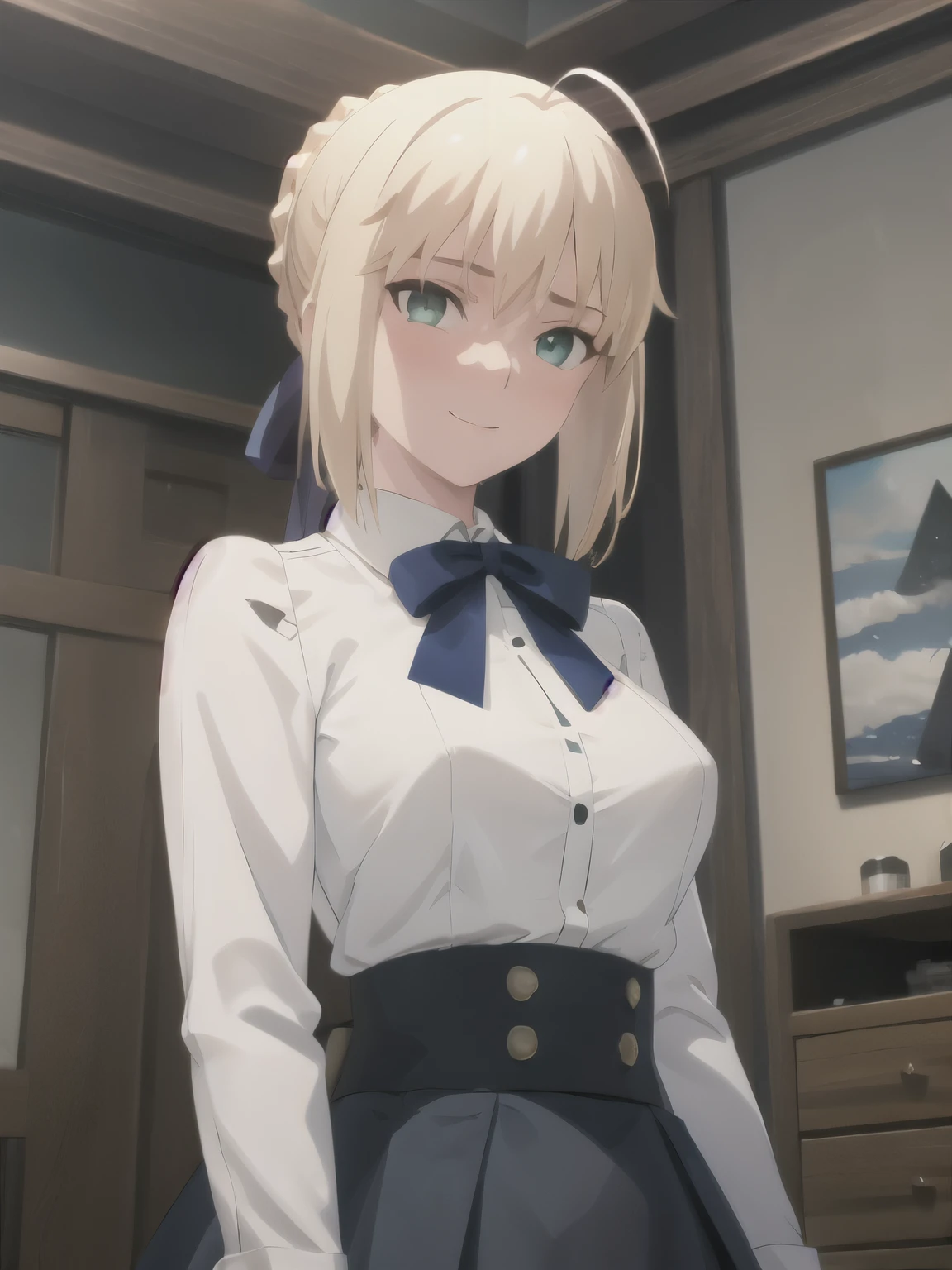 best quality, masterpiece, highres, ray_tracing_graphic, solo, adult_female, {saber_fatestaynightufotable:1.15}, blonde_hair, little_ahoge, green_eyes, blue_ribbon, 1girl, anime_coloring, upper_body, happy, little_smile, five_fingers, blush, large_breasts, shirt, blue_skirt, from_the_front, stand, bedroom, night_time, looking_at_viewer