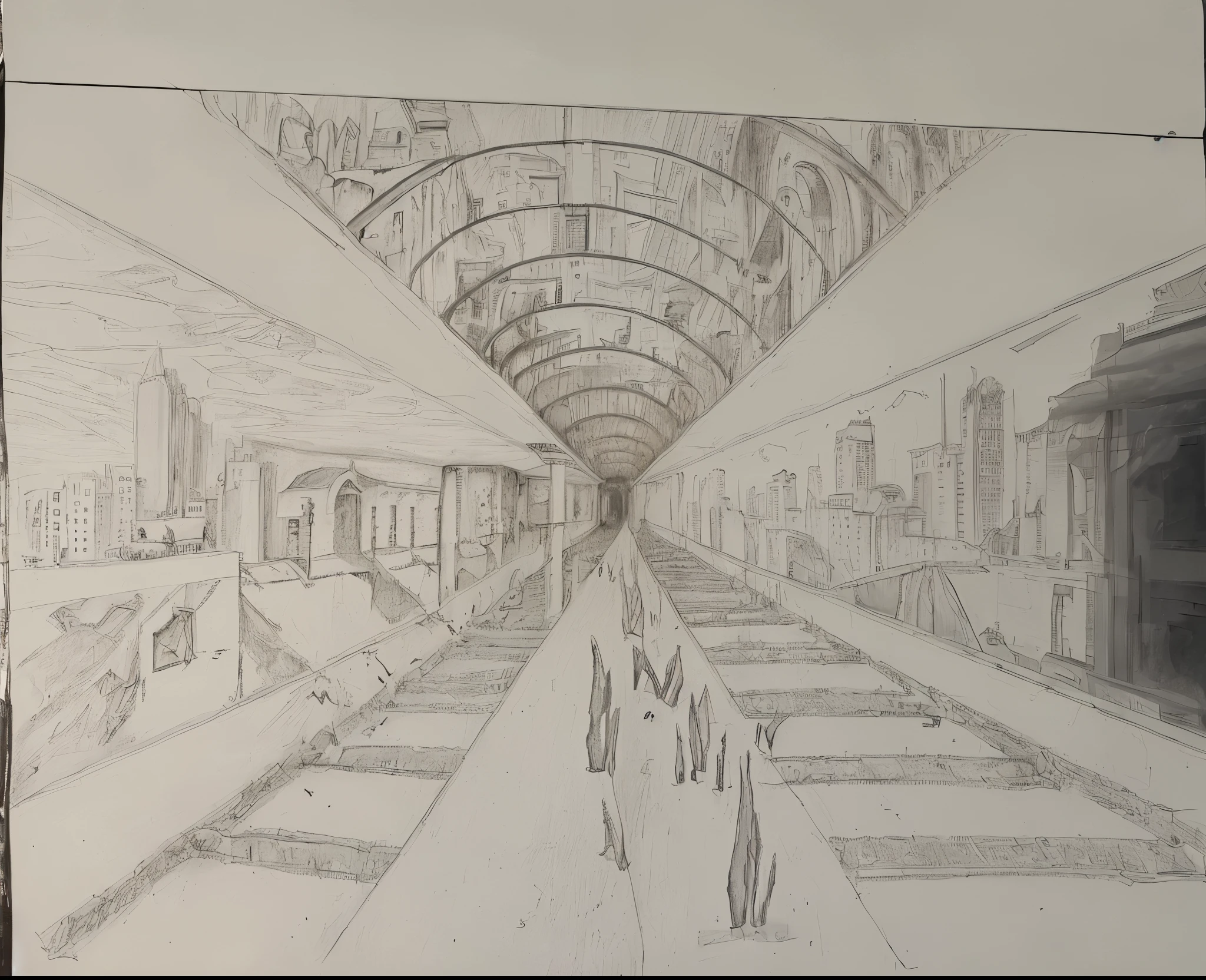 Black and white drawing, subway train, colias, living city on the right side, scary buildings on the left side, beautiful tall houses, architecture on the right side. ruins old houses on the left side