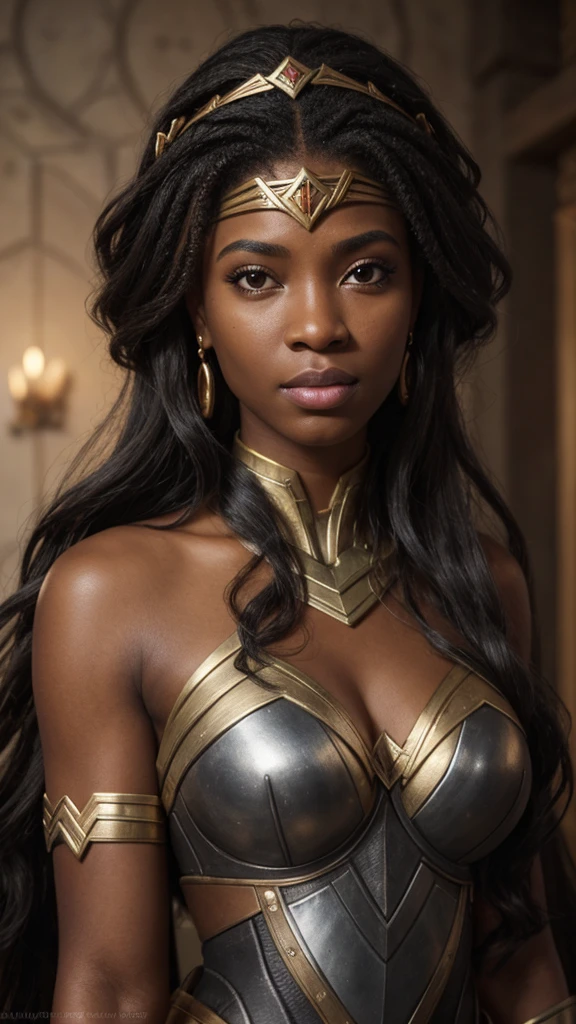 Close-up portrait of a ((Nubian1.5)) queen Wonder Woman from Wakanda beautiful ((black female:1.2)), dark-skin, Graceful Midnight Angel of God, beautiful d&d character portrait, colorful fantasy, detailed, realistic face, digital portrait, intricate armor, fiverr dnd character, wlop, stanley artgerm lau, ilya kuvshinov, artstation, hd, octane render, hyperrealism, unreal engine