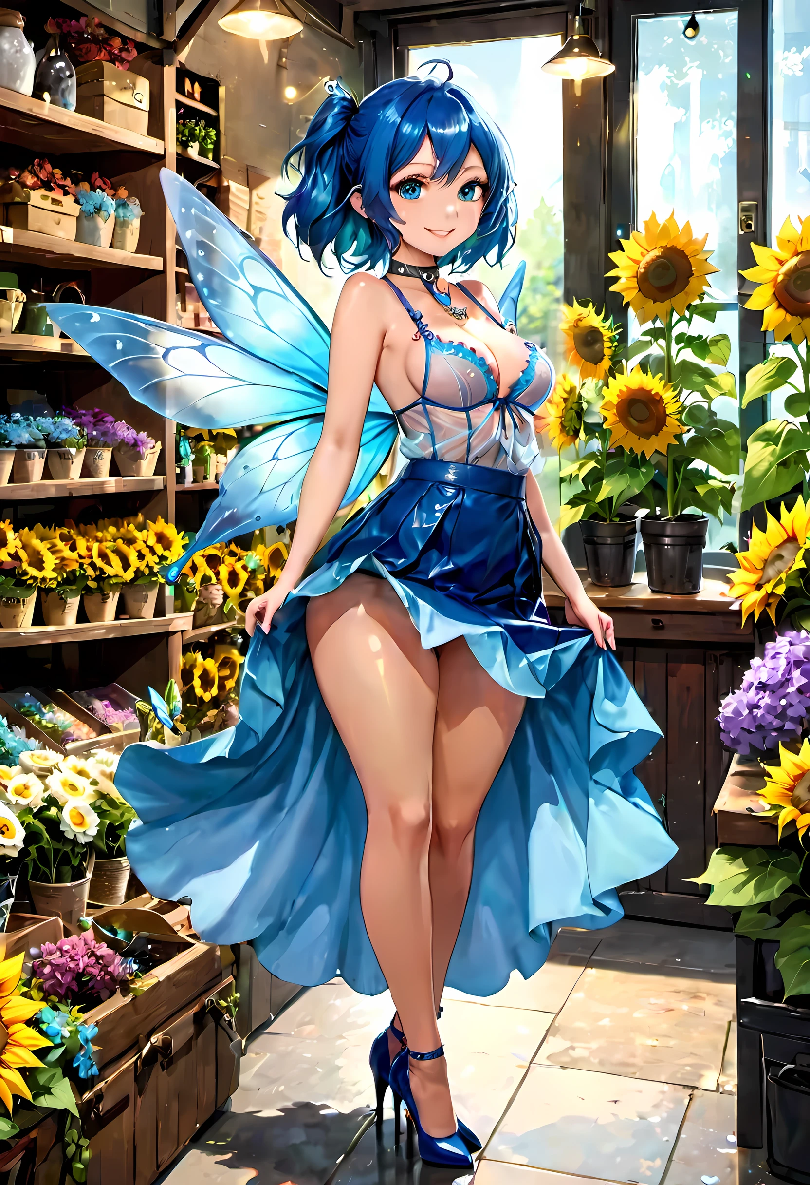 high details, best quality, 16k, RAW, [best detailed], masterpiece, best quality, (extremely detailed), GlowingRunes_paleblue, full body, ultra wide shot, photorealistic, fantasy art, RPG art, D&D art, a picture of a fairy selling flowers in a florist shop, extremely beautiful fairy, ultra feminine (intense details, Masterpiece, best quality), (Blue: 1.3) butterfly wings (intense details, Masterpiece, best quality), blue and white wings (intense details, Masterpiece, best quality), azure hair, pixie cut hair, shinning hair, flowing hair, shy smile, innocent smile, blue eyes, wearing bright blue skirt, dynamic elegant shirt, chocker, wearing high heels, in flower shop (intense details, Masterpiece, best quality), extreme many (sunflowers: 1.3) (intense details, Masterpiece, best quality), sunflower shop in a modern era street, High Detail, Ultra High Quality, High Resolution, 16K Resolution, Ultra HD Pictures, Ultra Realistic, Clear Details, Realistic Detail, Ultra High Definition, Big Fairy Wings, wearing edgLL leather lingerie dungeons and dragons, DonMDr4g0nXL