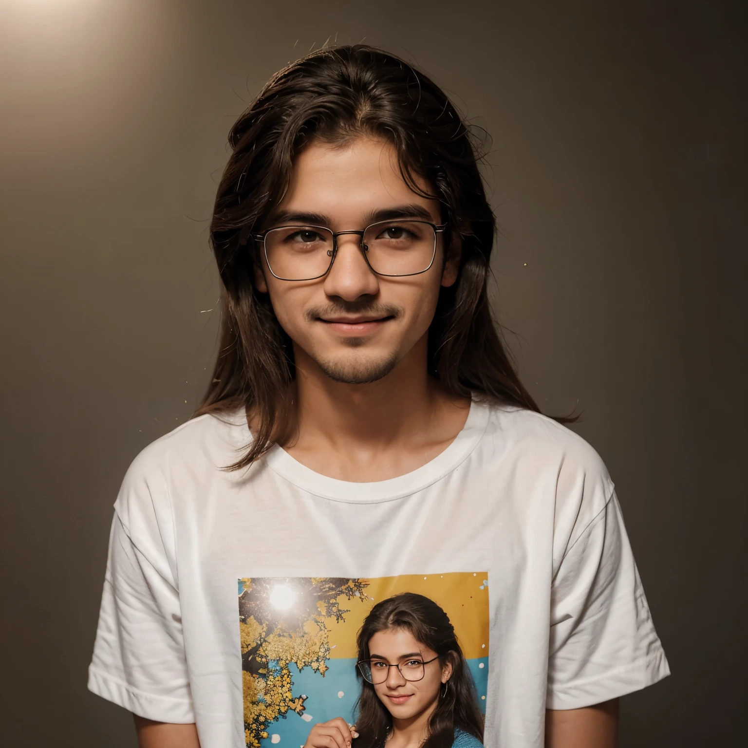 menino 14 anos, cabelo cacheado mullet curto, olhos castanho escuro, square glasses, bigode crescendo, camisa preta, pulseira branca com uma estrela vermelha, sorridente, usando air force, nariz bolinha