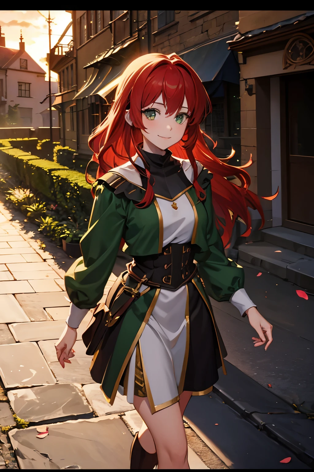 8k wallpaper, masterpiece, movie lighting, medieval setting, Beautiful female rogue with red hair and greenish eyes walking on a winding road with a smile on her face, sunrise with clear skies background