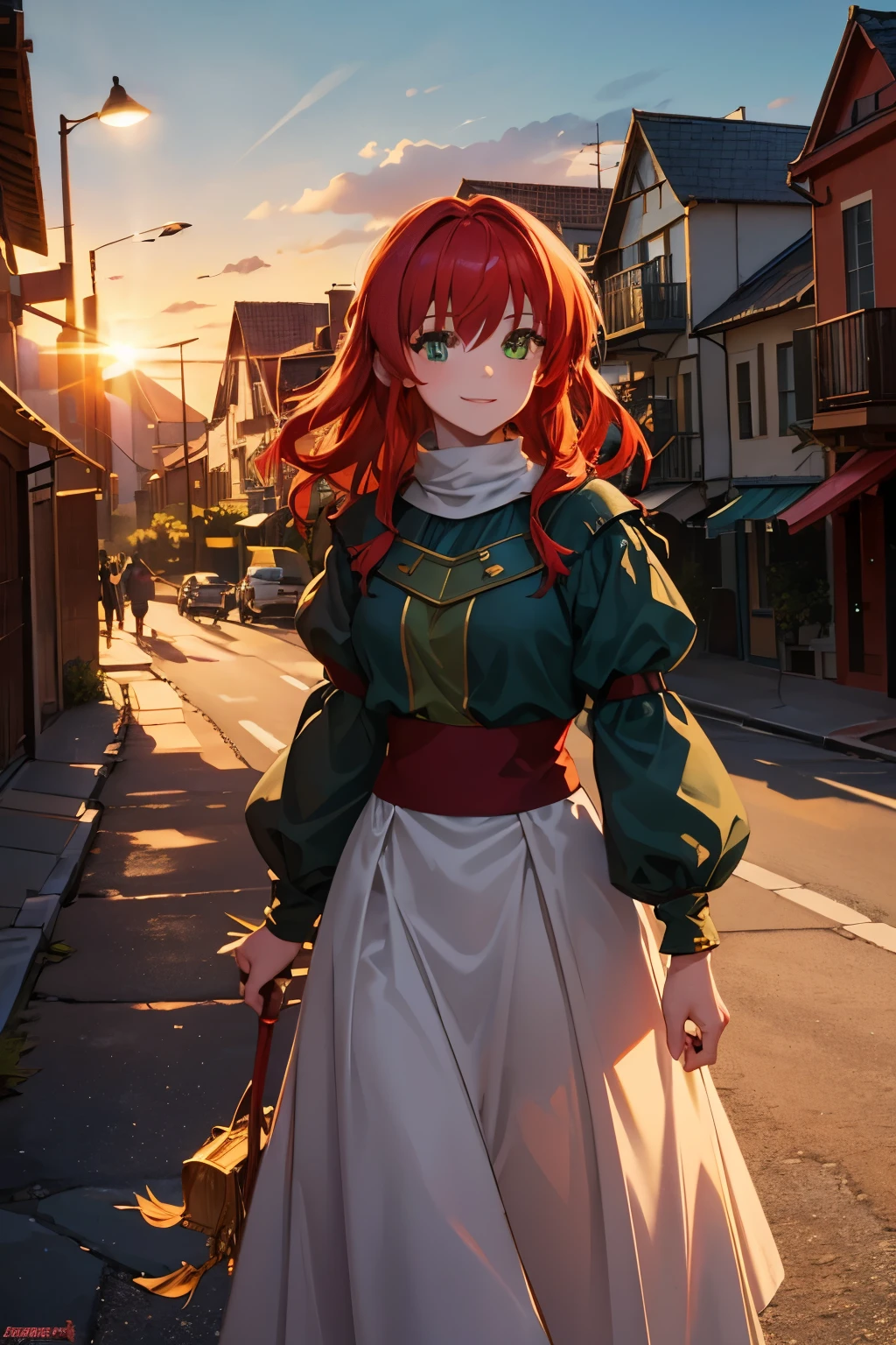 8k wallpaper, masterpiece, movie lighting, medieval setting, Beautiful female rogue with red hair and greenish eyes walking on a winding road with a smile on her face, sunrise with clear skies background