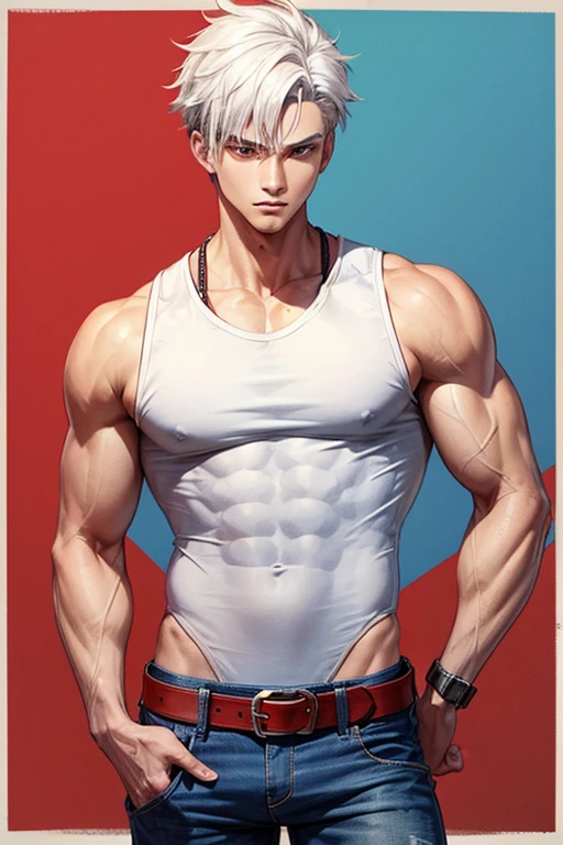 Boy with slim muscular build, sleeveless t-shirt, chile vandera print, white hair, red and blue, denim pants, black leather belt, chile background