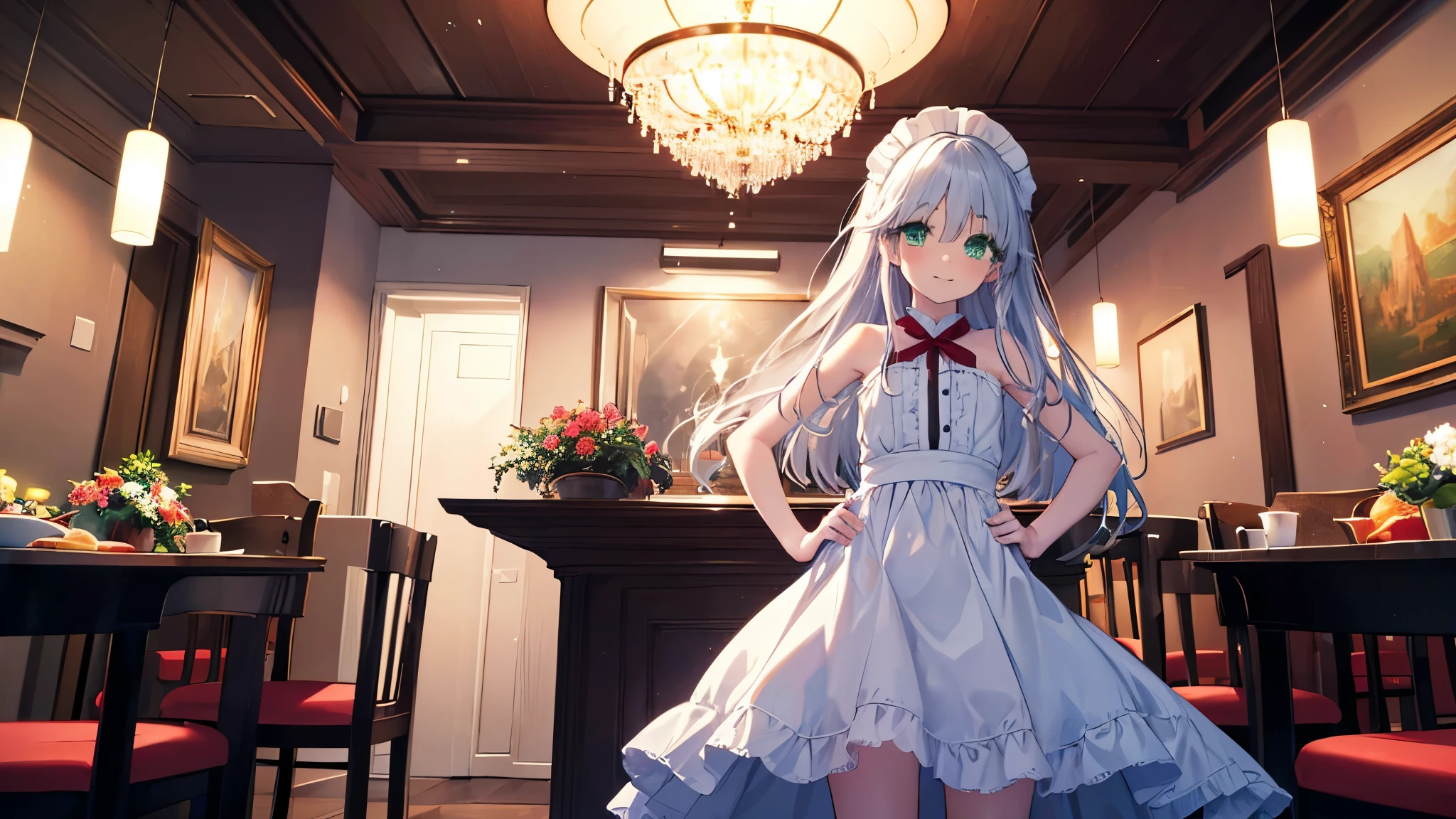 index, index, (green ruby eyes:1.5), silver hair, long hair, (flat chest:1.2),smile,blush,bossy,she was wearing a maid long skirt, white stockings on her legs,put both hands on hips,Standing in honor, (bare shoulders:1.3),looking up from below, looking at viewer, whole body, break indoors, restaurant,viking, break (masterpiece:1.2), highest quality, High resolution, unity 8k wallpaper, (figure:0.8), (detailed and beautiful eyes:1.6), highly detailed face, perfect lighting, Very detailed CG, (perfect hands, perfect anatomy), smiling, very short skirt in front