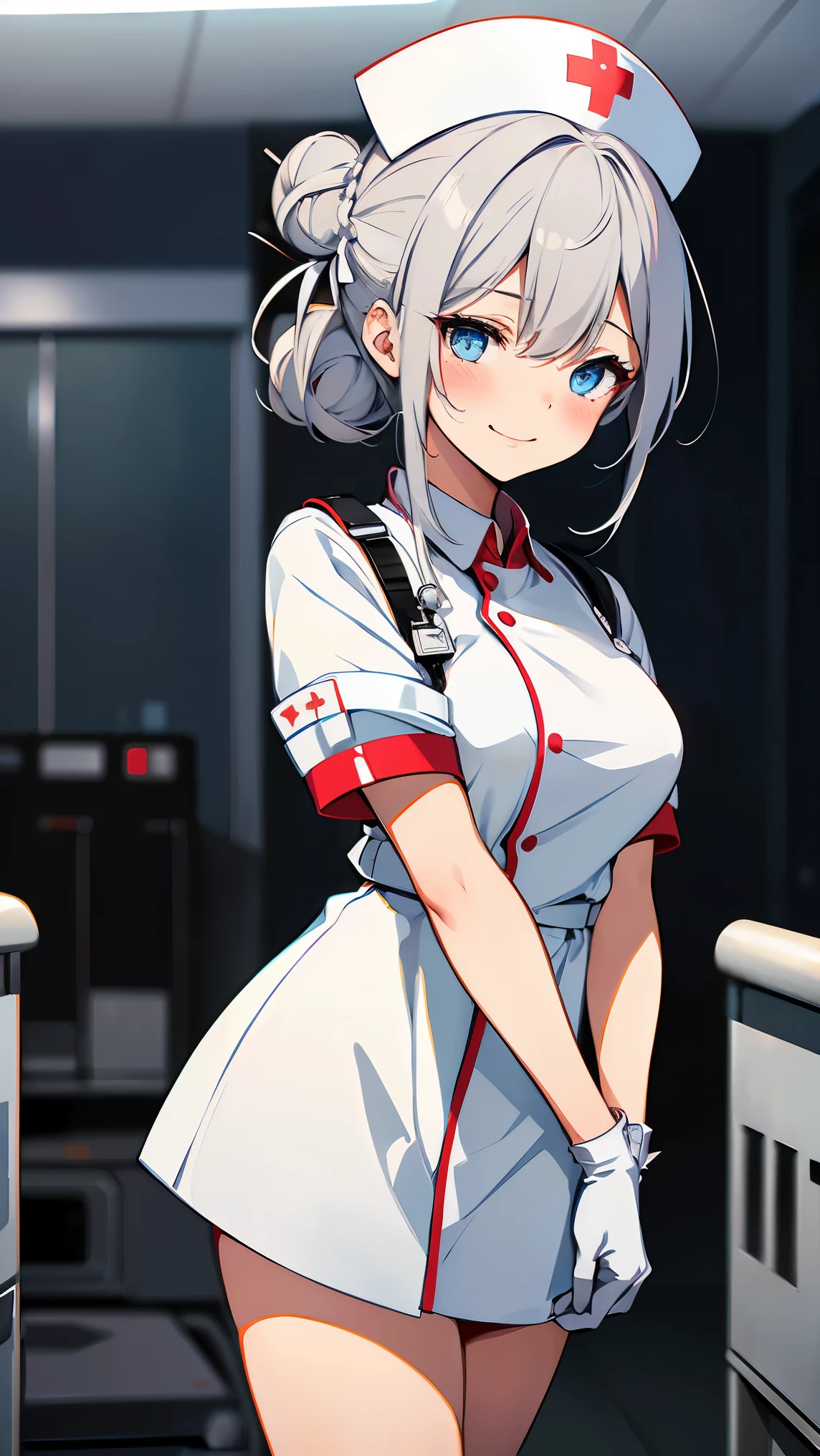 (Girl1,round face, white hair,double bun,blue eyes), Nurse, wearing white, ((nurse cap,white legs, Zetai Ryuki)), white gloves, standing, evil smile, blush, ((hospital room)), short sleeves,Eyes droop,Sharp outline,super detail,high quality,high details,best quality,1080P