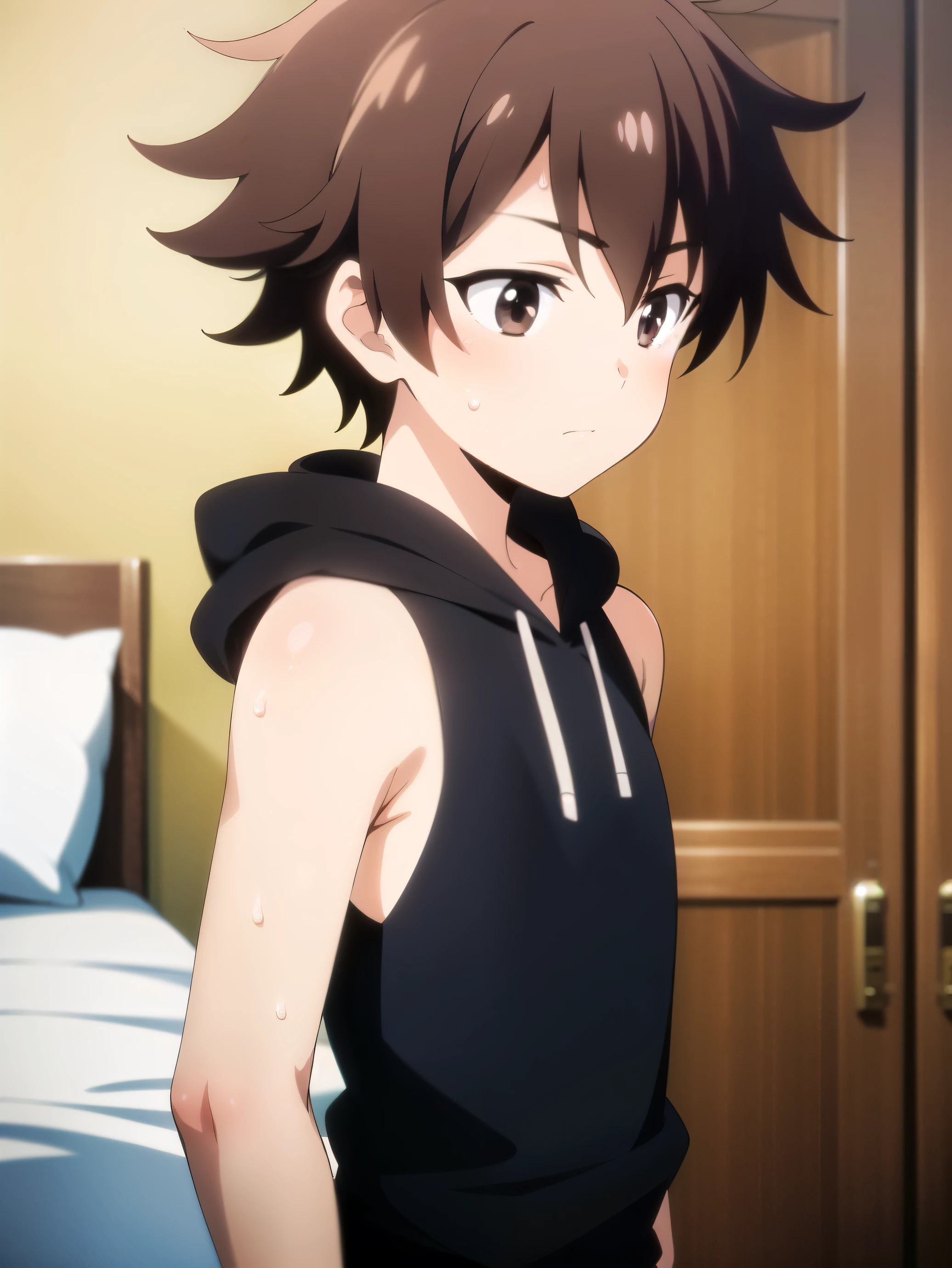 Highres, Masterpiece, Best quality at best,Best Quality,hight quality, hight detailed, 1boy, Brown hair, messy hair, Shota, Sweat, Sleeveless hoodie, upper body, Depth of field, Anime Screencap Style, thin line, Sleep on the bed, Seen from front, look good boy, Cute boy, (very small and short stature), (very young boy), ***************s, Blurry beckground