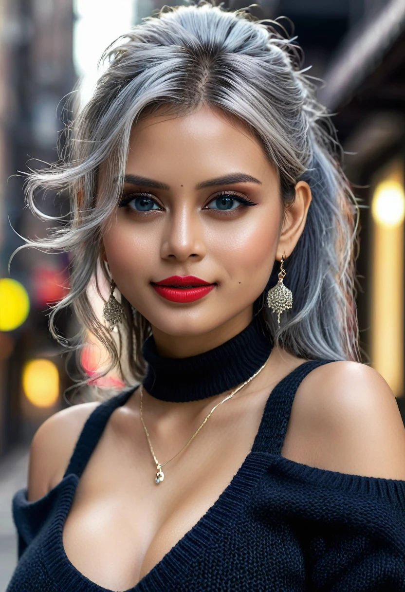 Urban beautiful girl college student, masterpiece, light makeup, red lips, silver hair, messy long hair, street background, beautiful, elegant. super fine details, master works, authentic texture, cinematic lighting realism, perfect job, 16K, hd, exquisite features,blue eyes、japanese idol、Beautiful Face、cute smile、brown hair、beautiful hair、ponytail、glamorous、 big breasts、erect nipples、Oily muscle、shiny skin、tanned skin、Black glowing skin、Sexy knitted sweaters, bright big eyes, smooth skin, earrings, necklace, tattoo