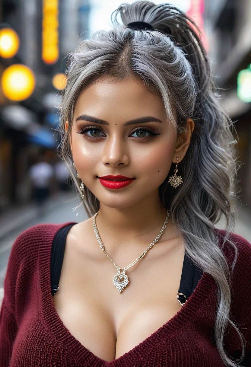 Urban beautiful girl college student, masterpiece, light makeup, red lips, silver hair, messy long hair, street background, beautiful, elegant. super fine details, master works, authentic texture, cinematic lighting realism, perfect job, 16K, hd, exquisite features,blue eyes、japanese idol、Beautiful Face、cute smile、brown hair、beautiful hair、ponytail、glamorous、 big breasts、erect nipples、Oily muscle、shiny skin、tanned skin、Black glowing skin、Sexy knitted sweaters, bright big eyes, smooth skin, earrings, necklace, tattoo